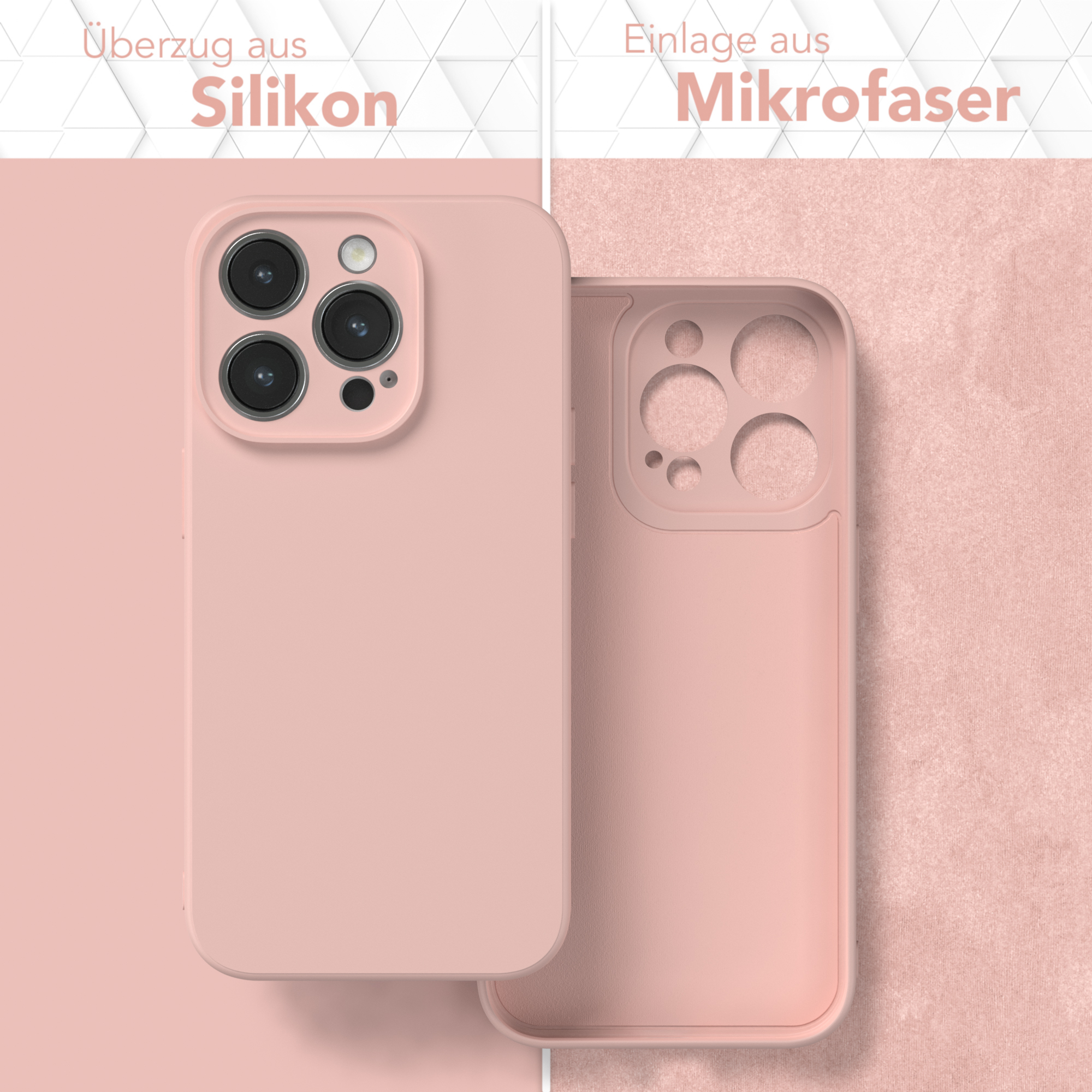 Zwei Handyhüllen, pinkes Silikon links und rosa Mikrofaser rechts, mit Textbeschriftungen.