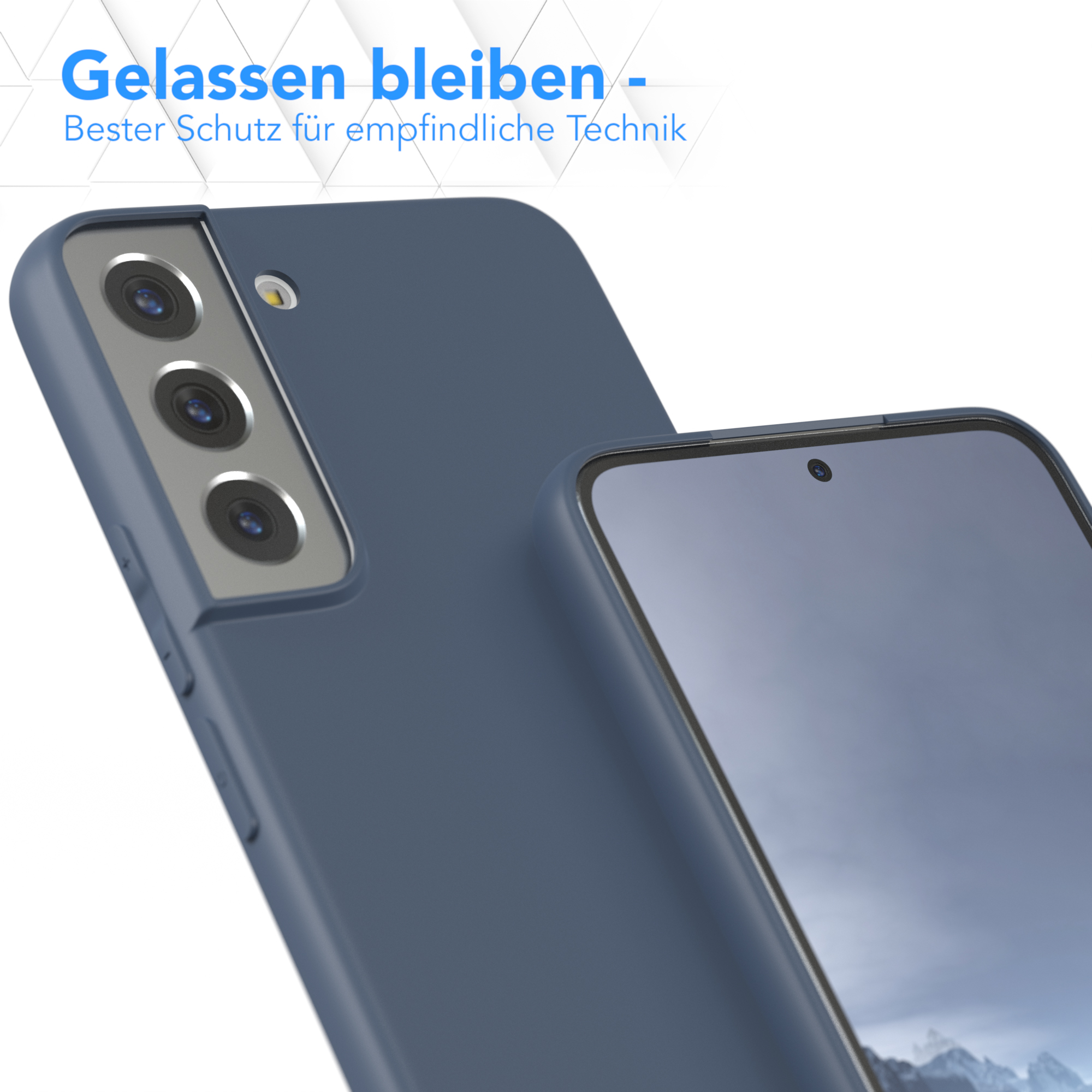 Blaue Handyhülle auf einem Telefon, abgewinkelt, um die Kamera und den Bildschirm zu zeigen, Schutz betonend.