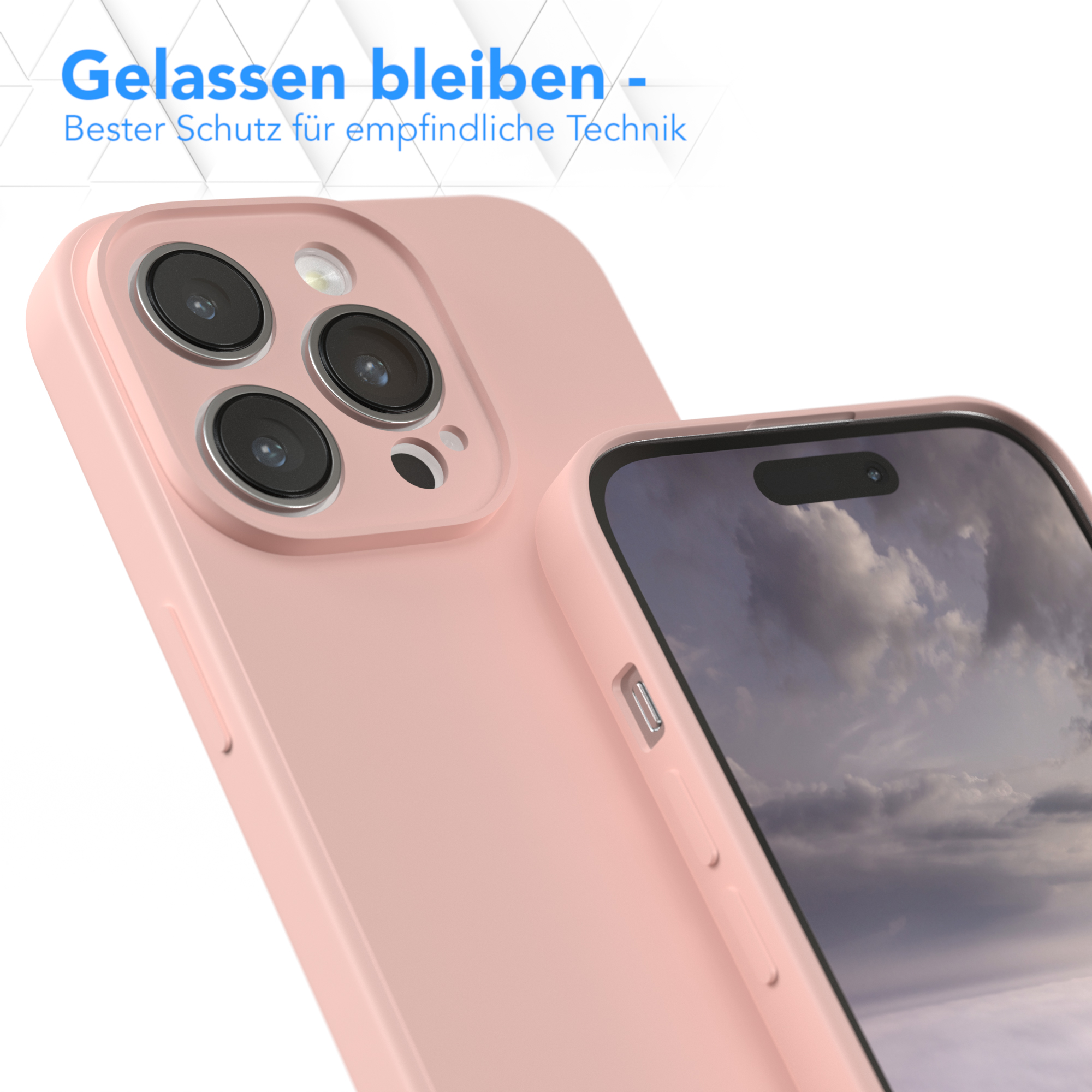 Rosa Handyhülle auf einem Telefon, Nahaufnahme. Deutscher Text.