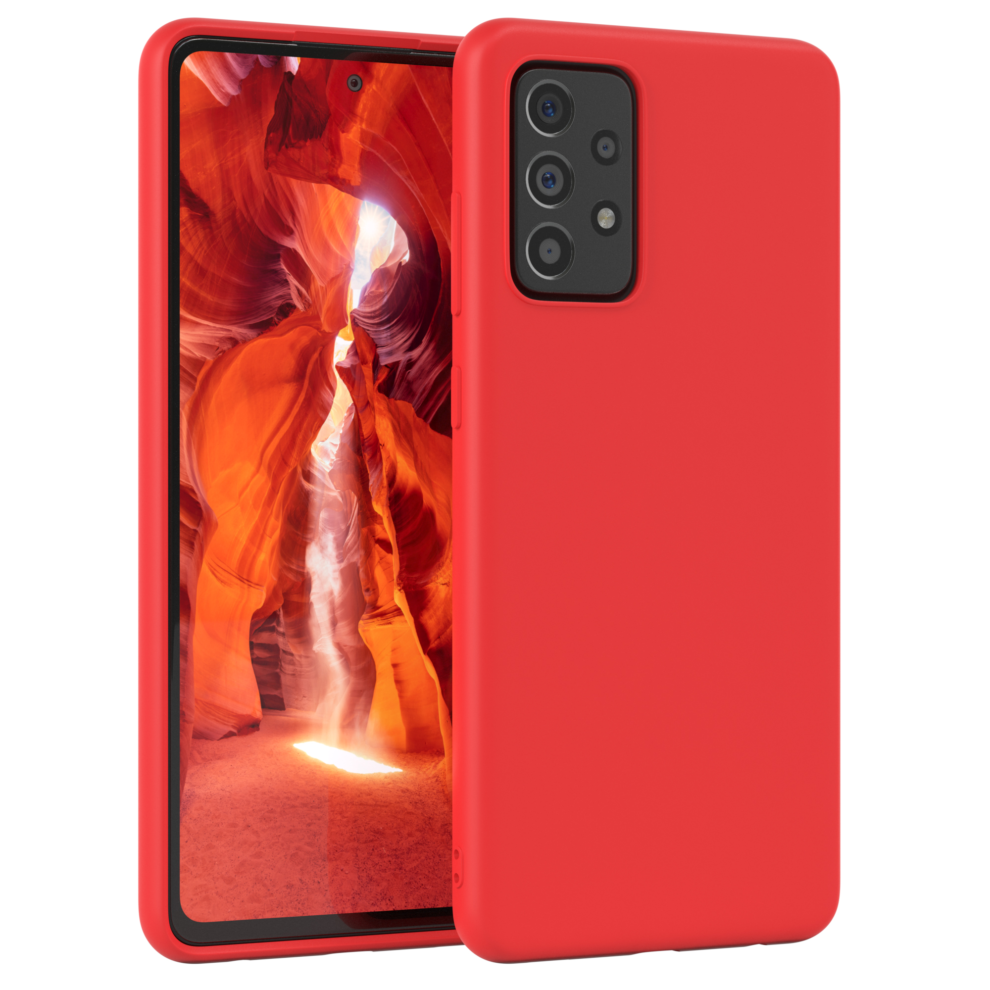Rote Handyhülle, Telefon zeigt eine Schlucht. Weißer Hintergrund.