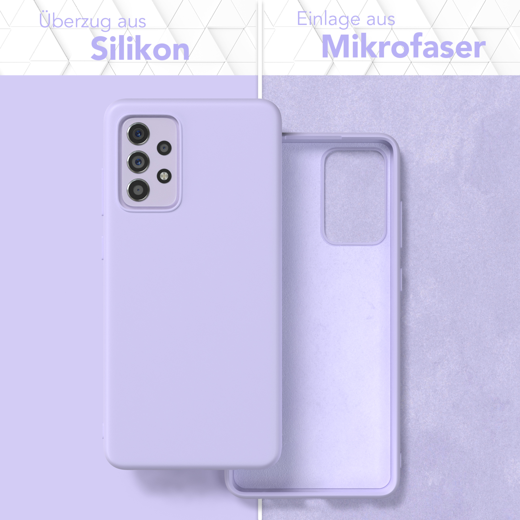 Eine lilafarbene Handyhülle mit Silikonhülle und Mikrofaserfutter wird gezeigt.
