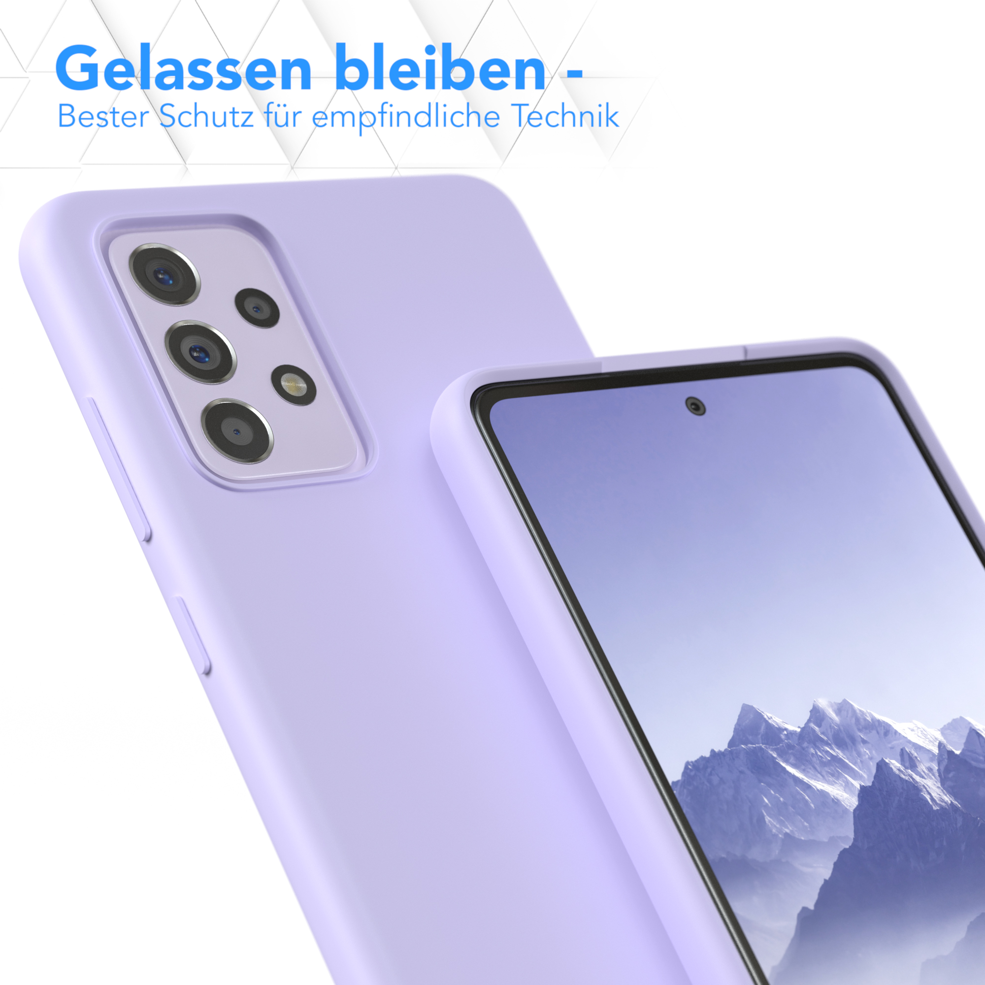 Eine lavendelfarbene Handyhülle mit einem Handybildschirm wird gezeigt. Text auf Deutsch ist sichtbar.