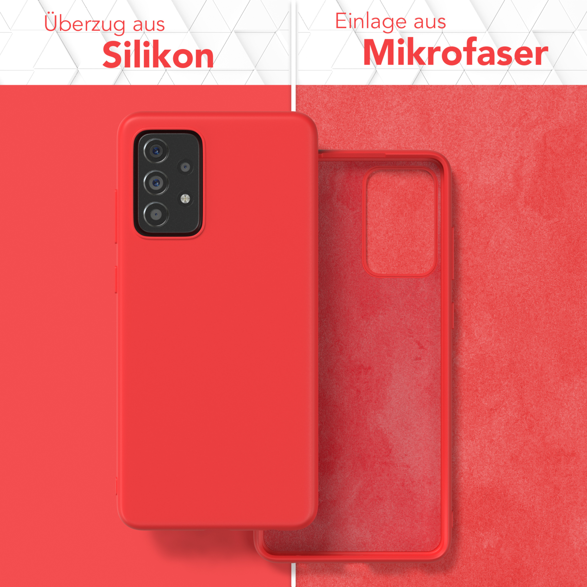 Eine rote Handyhülle mit roter Mikrofaser-Innenseite, Silikon- und Mikrofaser-Materialien.