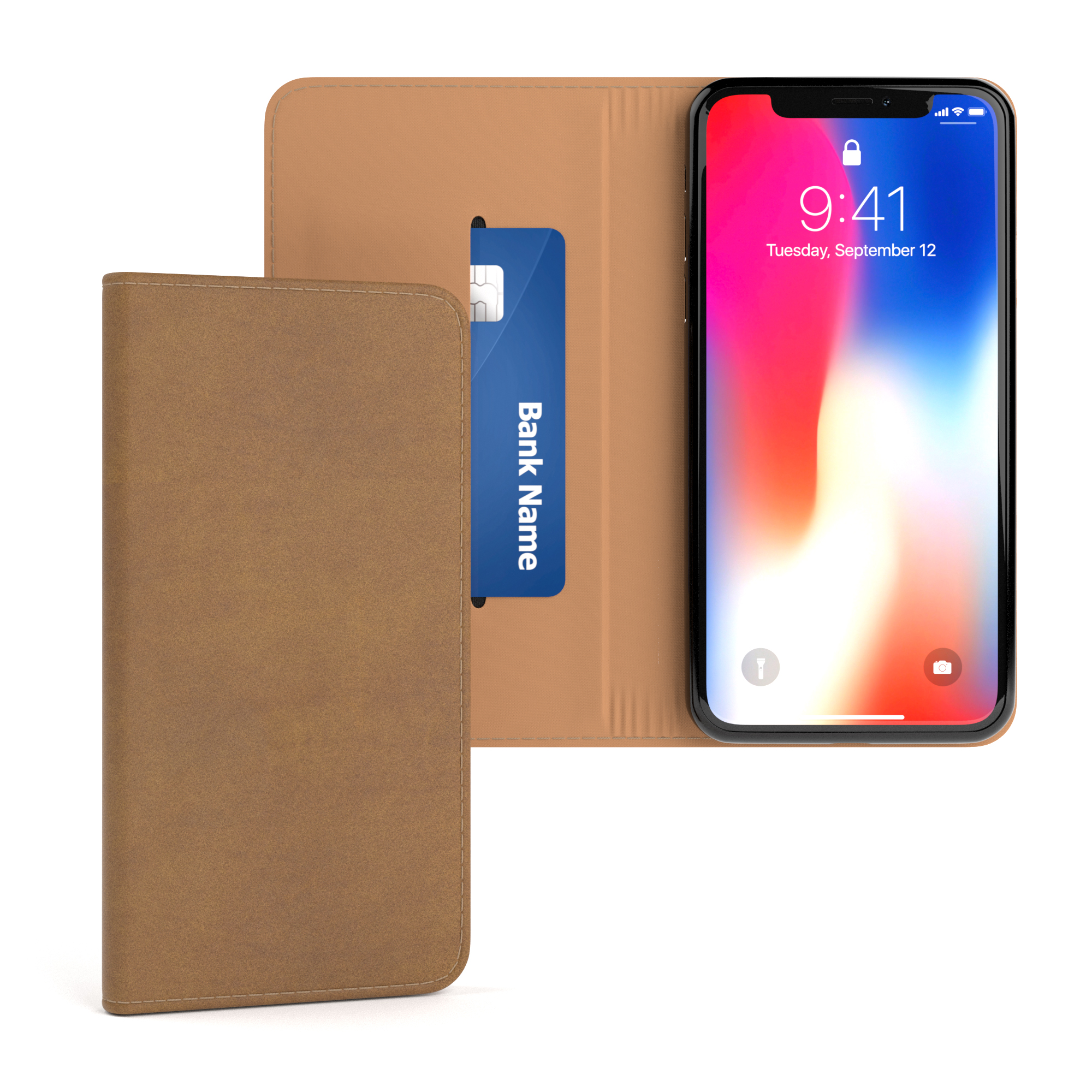 Braune Handyhülle mit blauer Karte im Schlitz und Telefon mit Homescreen.