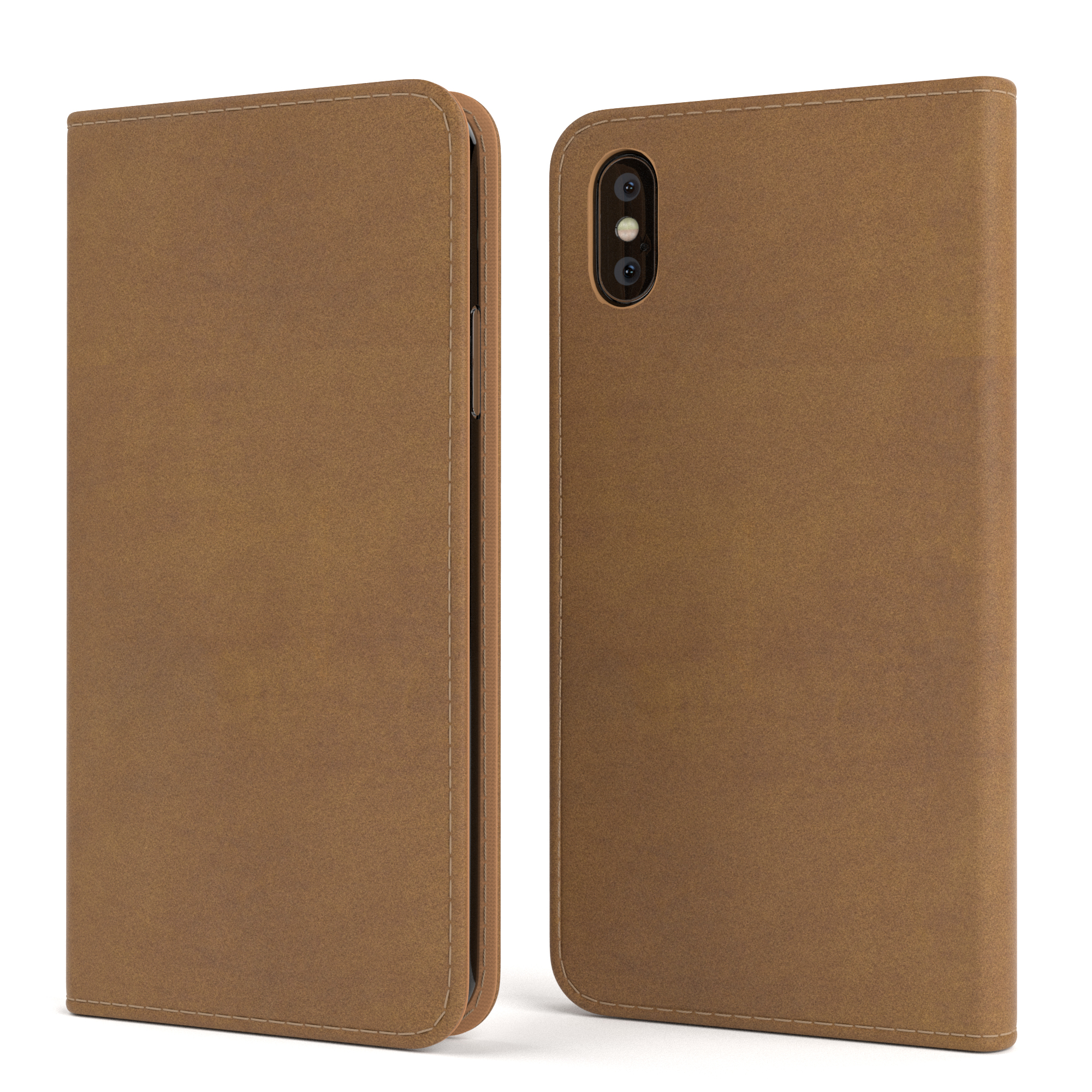 Geschlossene braune Telefonhülle im Folio-Stil, mit einem Telefon darin.