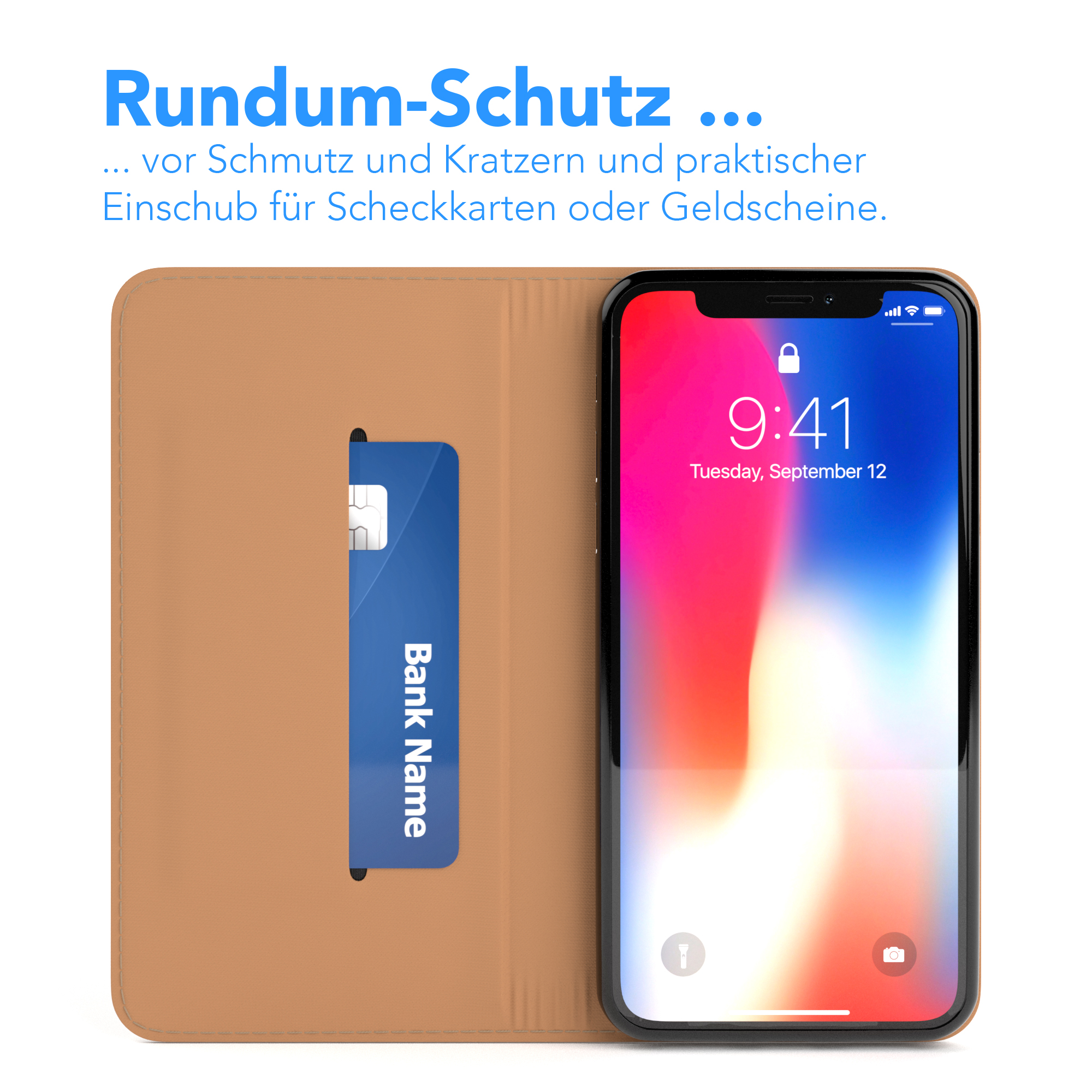 Handyhülle mit Karte, Telefon zeigt Uhrzeit. Text: Rundumschutz.