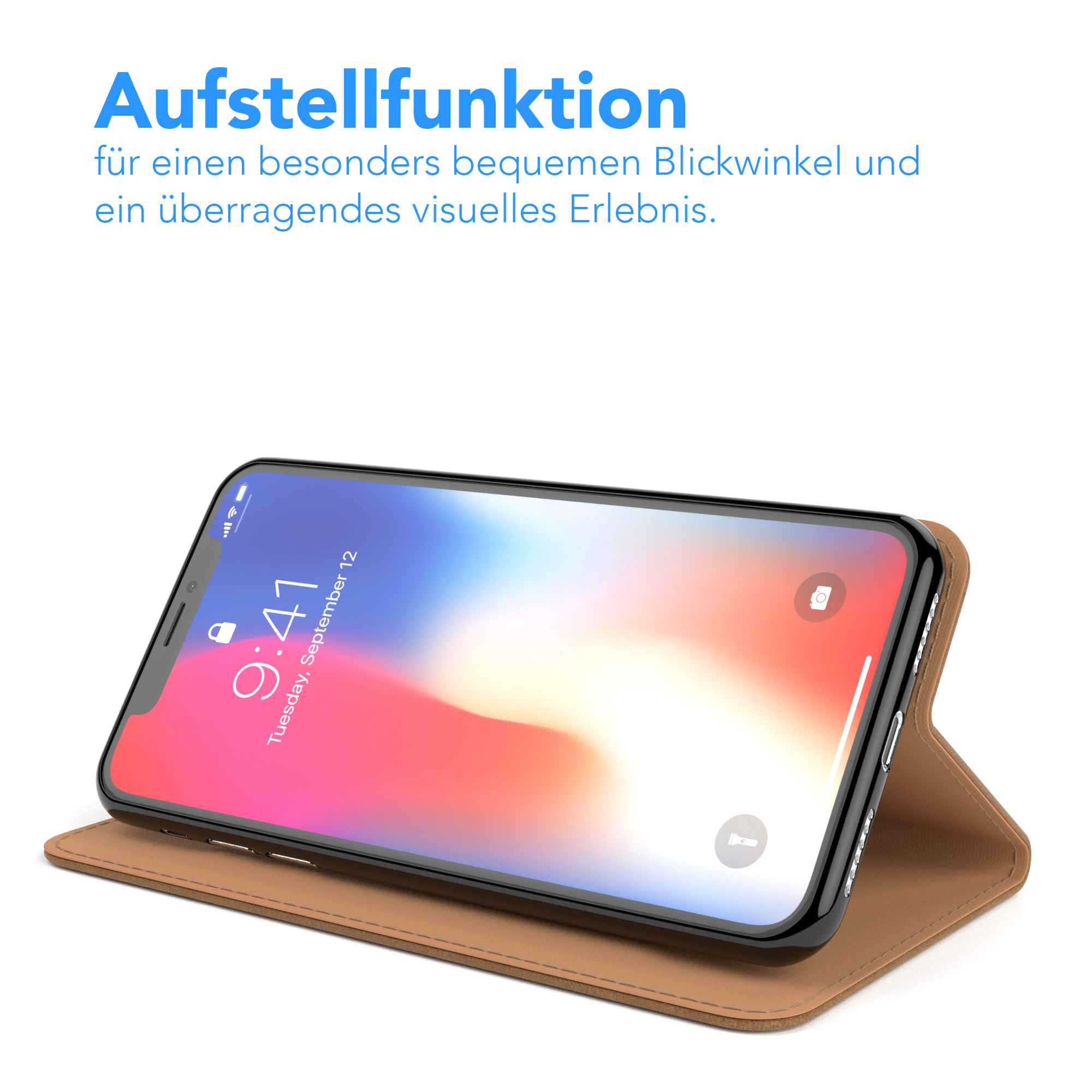 Ein Telefon in einem Gehäuse auf einem Ständer. Text erwähnt einen komfortablen Betrachtungswinkel.