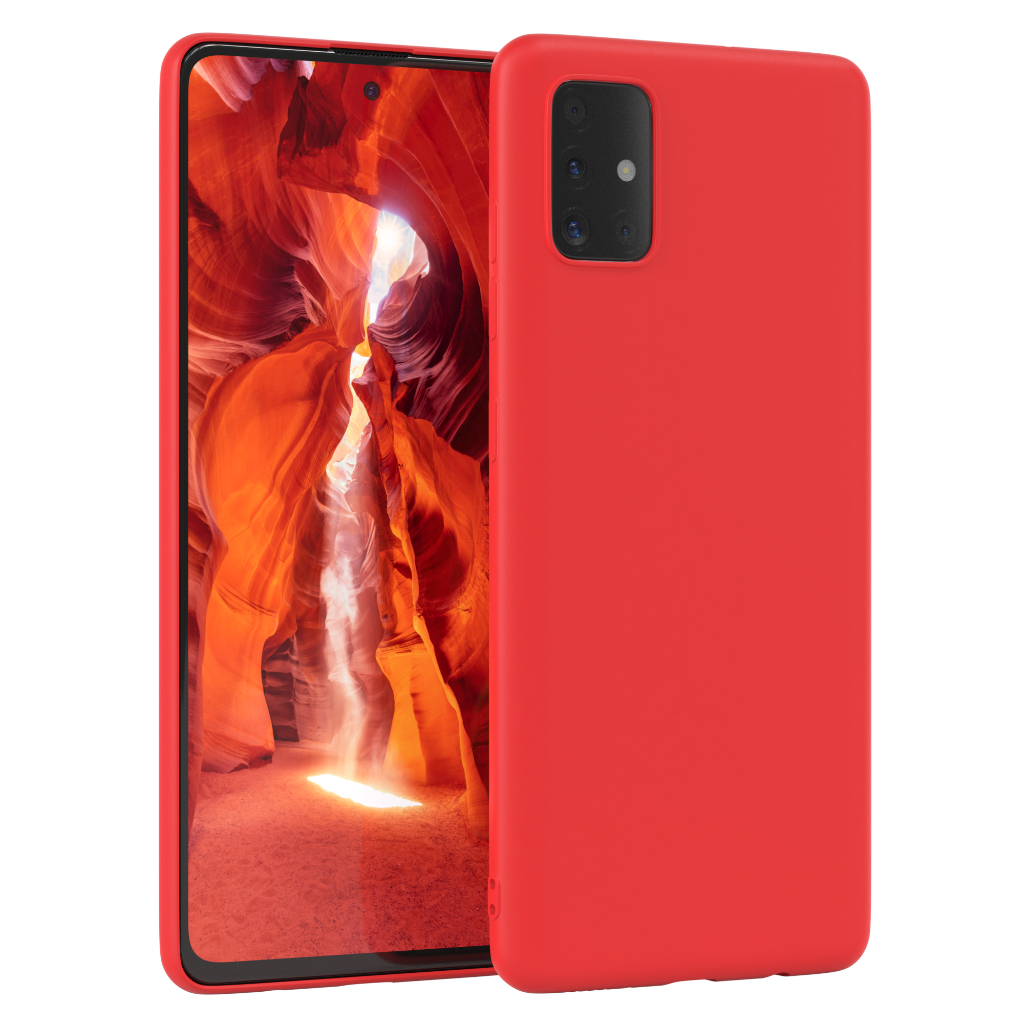 Rote Handyhülle auf einem Telefon. Die Handyhülle ist einfarbig rot mit Kameraerhöhung.