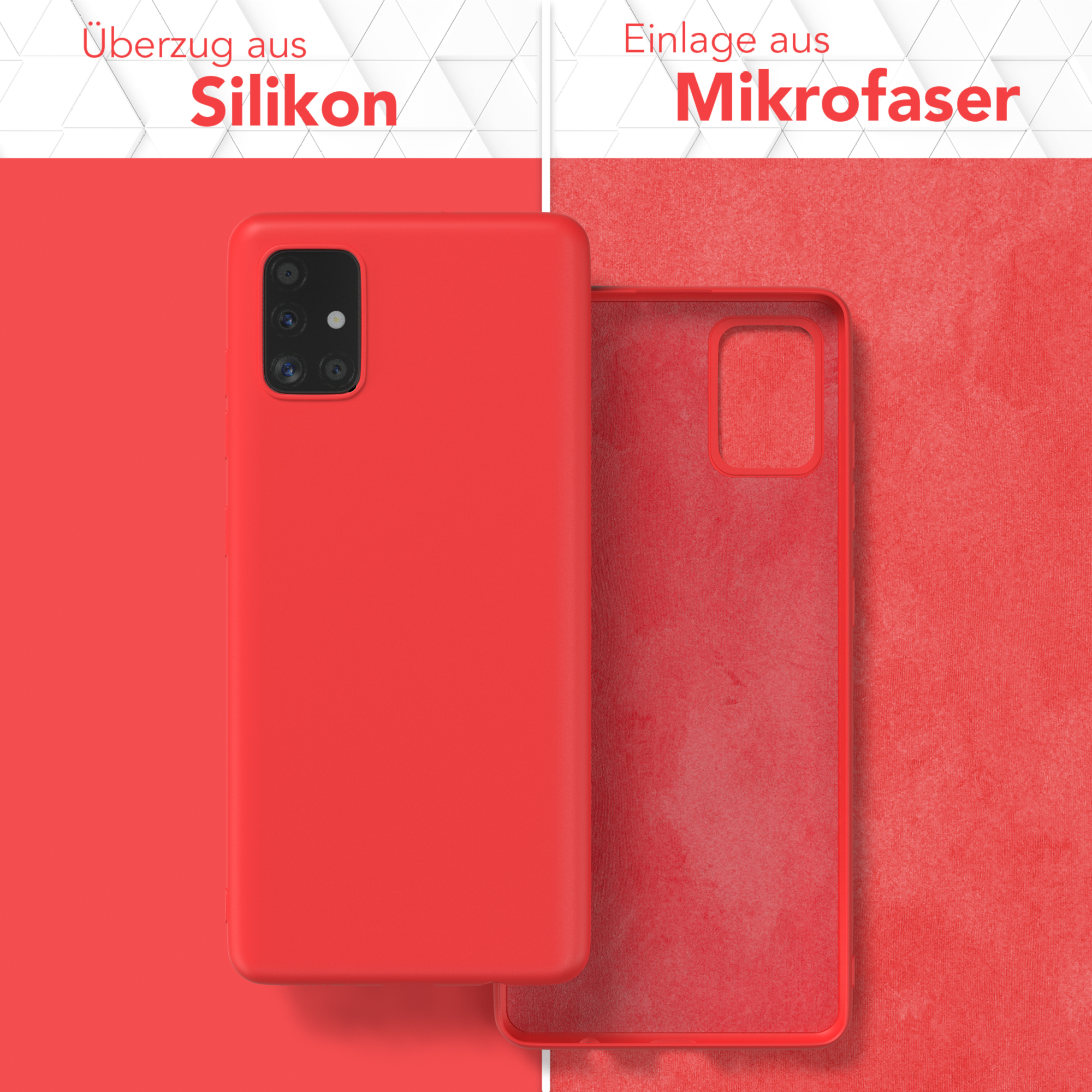Rote Handyhülle mit Silikonaußenseite und Mikrofaserinnenseite.
