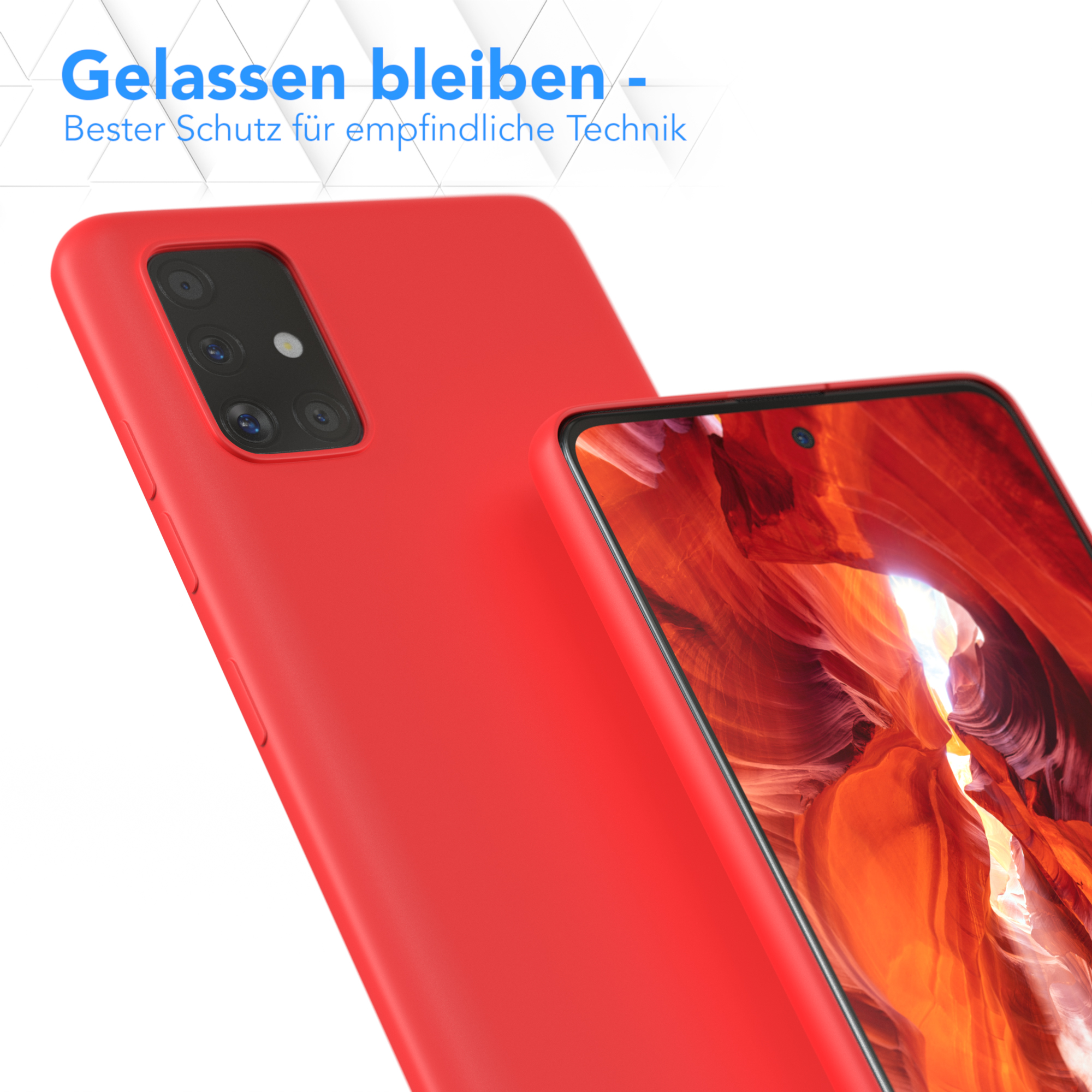 Rote Handyhülle und Telefon. Text: 'Entspannt bleiben - Bester Schutz'.