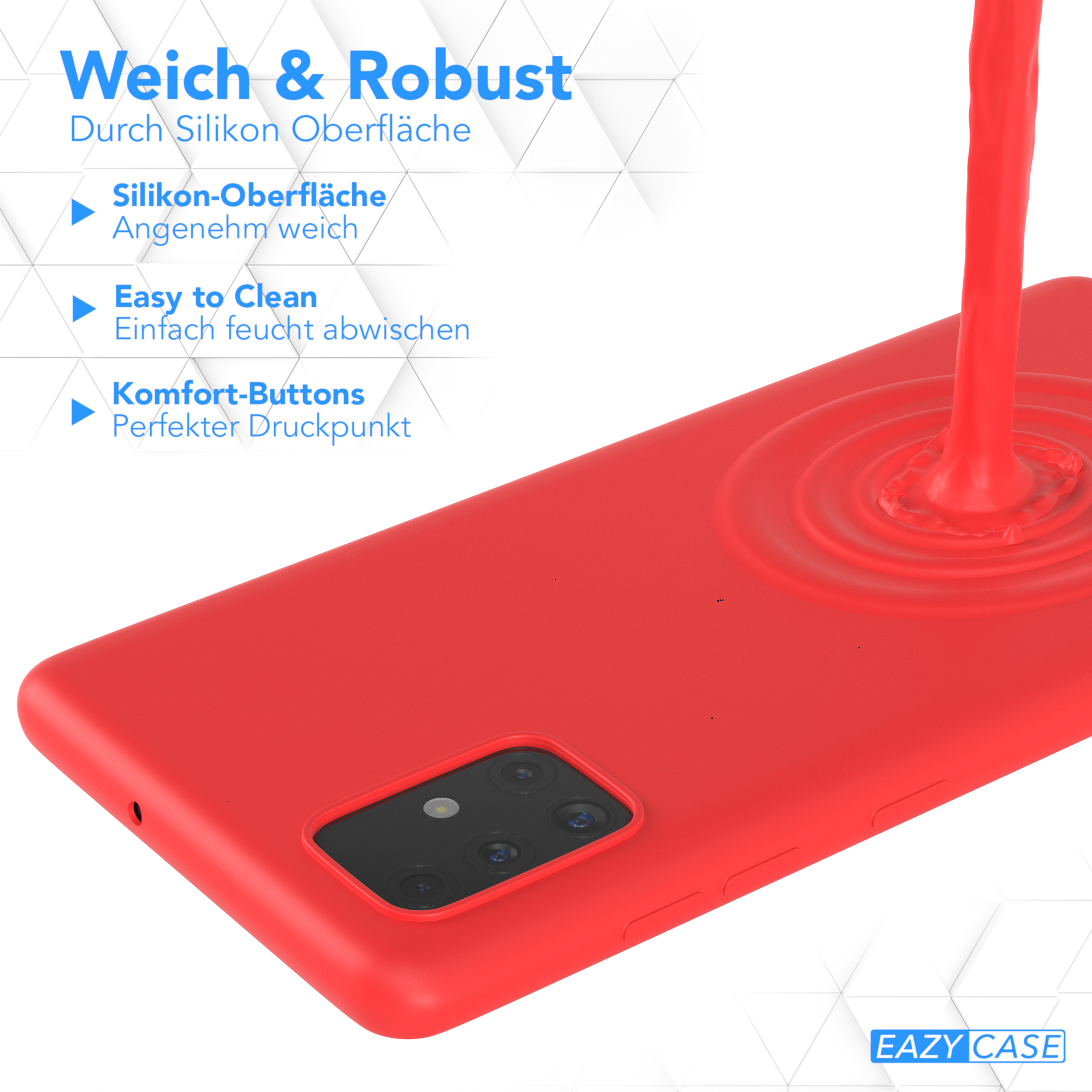 Eine rote Handyhülle mit dem Text: Weich & Robust