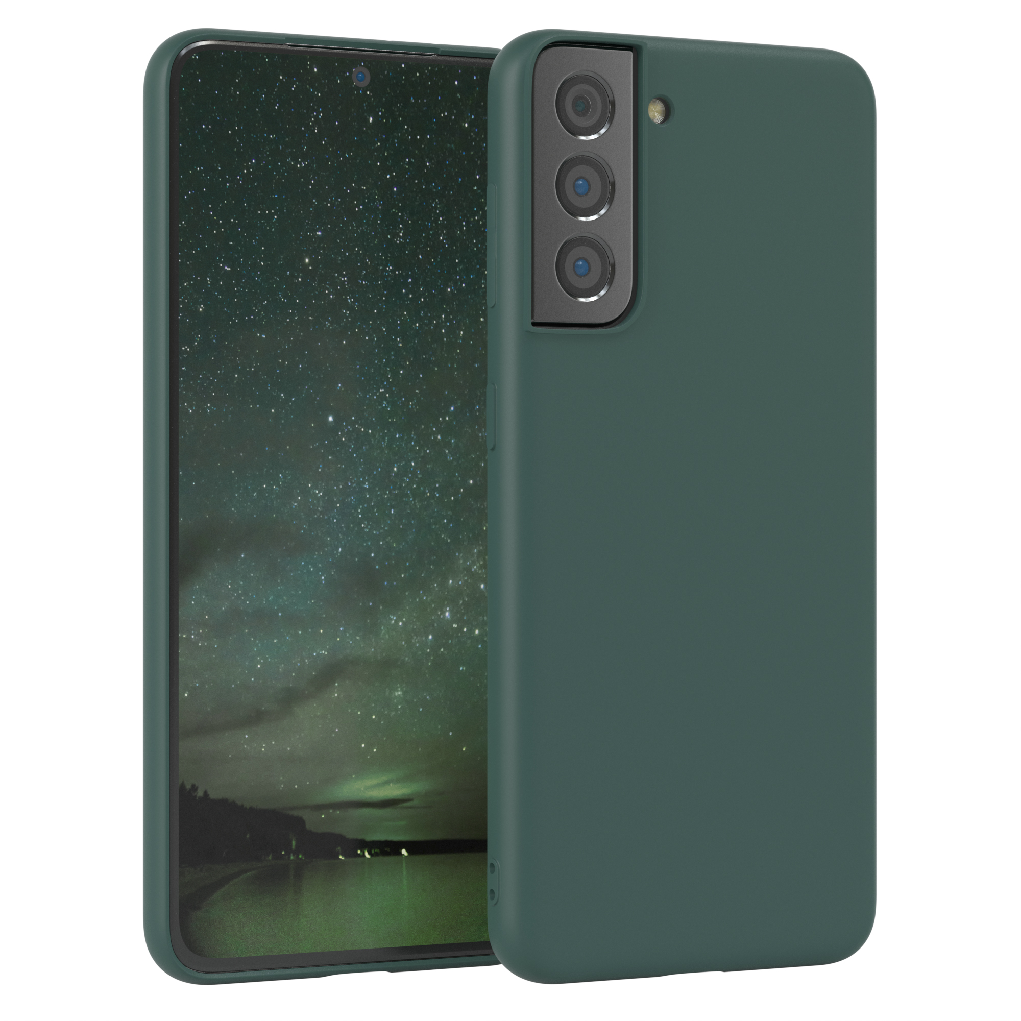 Grüne Handyhülle mit einem dunkelgrünen Telefon, auf weißem Hintergrund.