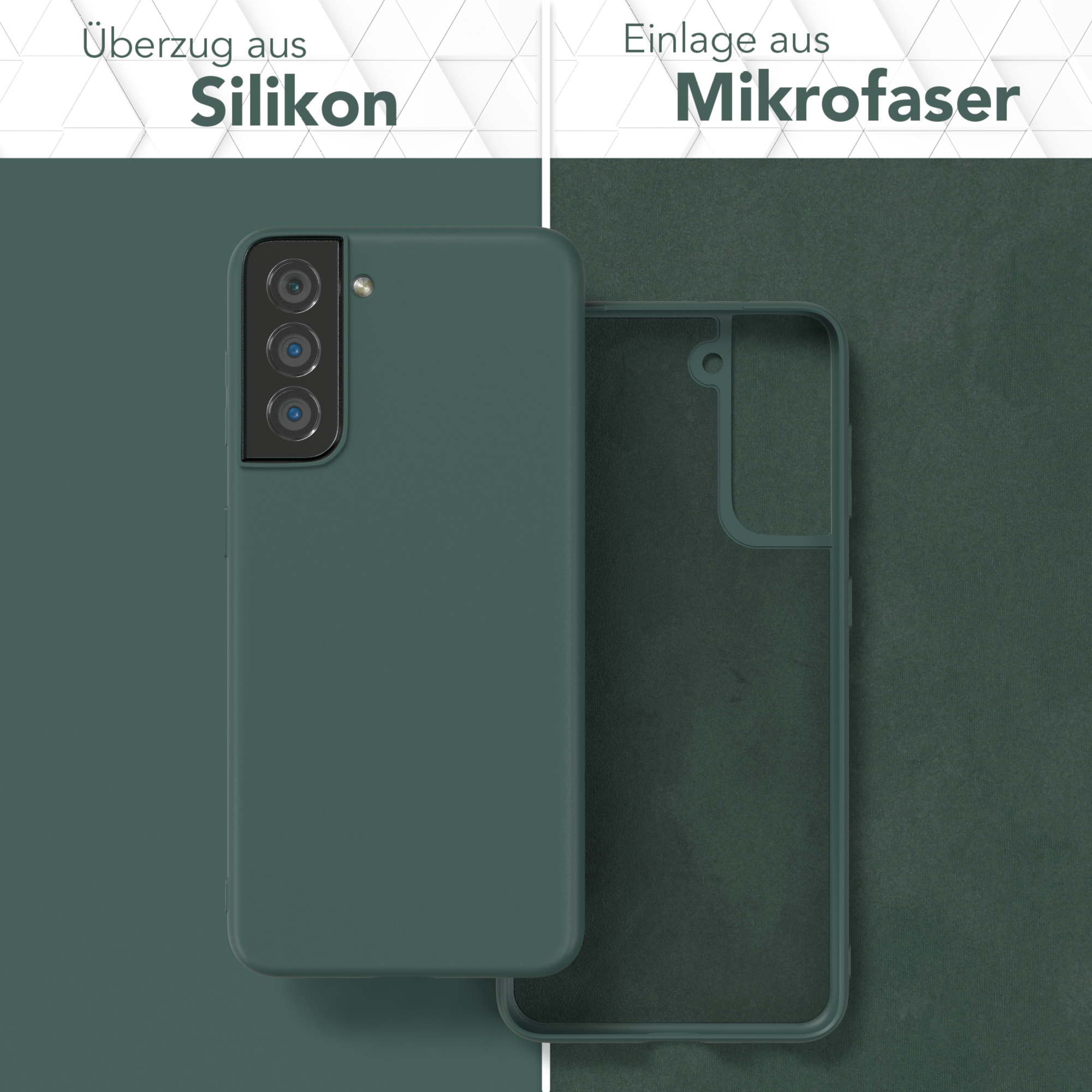 Grüne Handyhülle, Silikon-Überzug und Mikrofaser-Einlage, grüner Hintergrund.