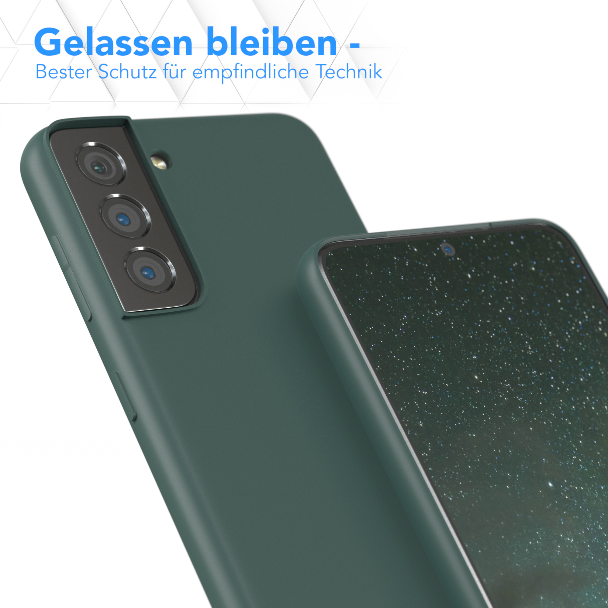 Grüne Handyhülle und Telefon mit Sternenhintergrund. Text: Gelassen bleiben - Bester Schutz...