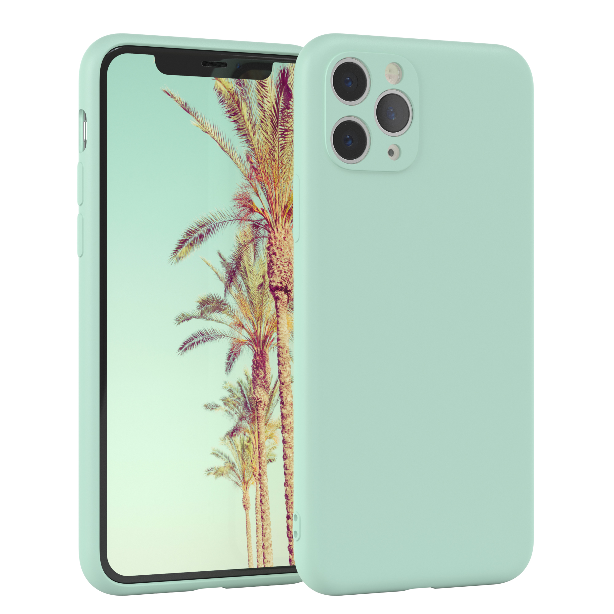 Eine mintgrüne Handyhülle neben einem Telefon, das Palmen zeigt.