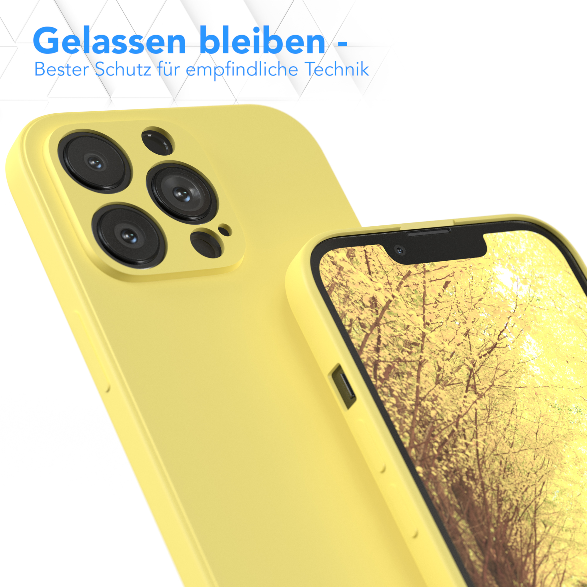 Gelbe Handyhülle neben einem Telefon mit einer Anzeige von goldenem Laub.