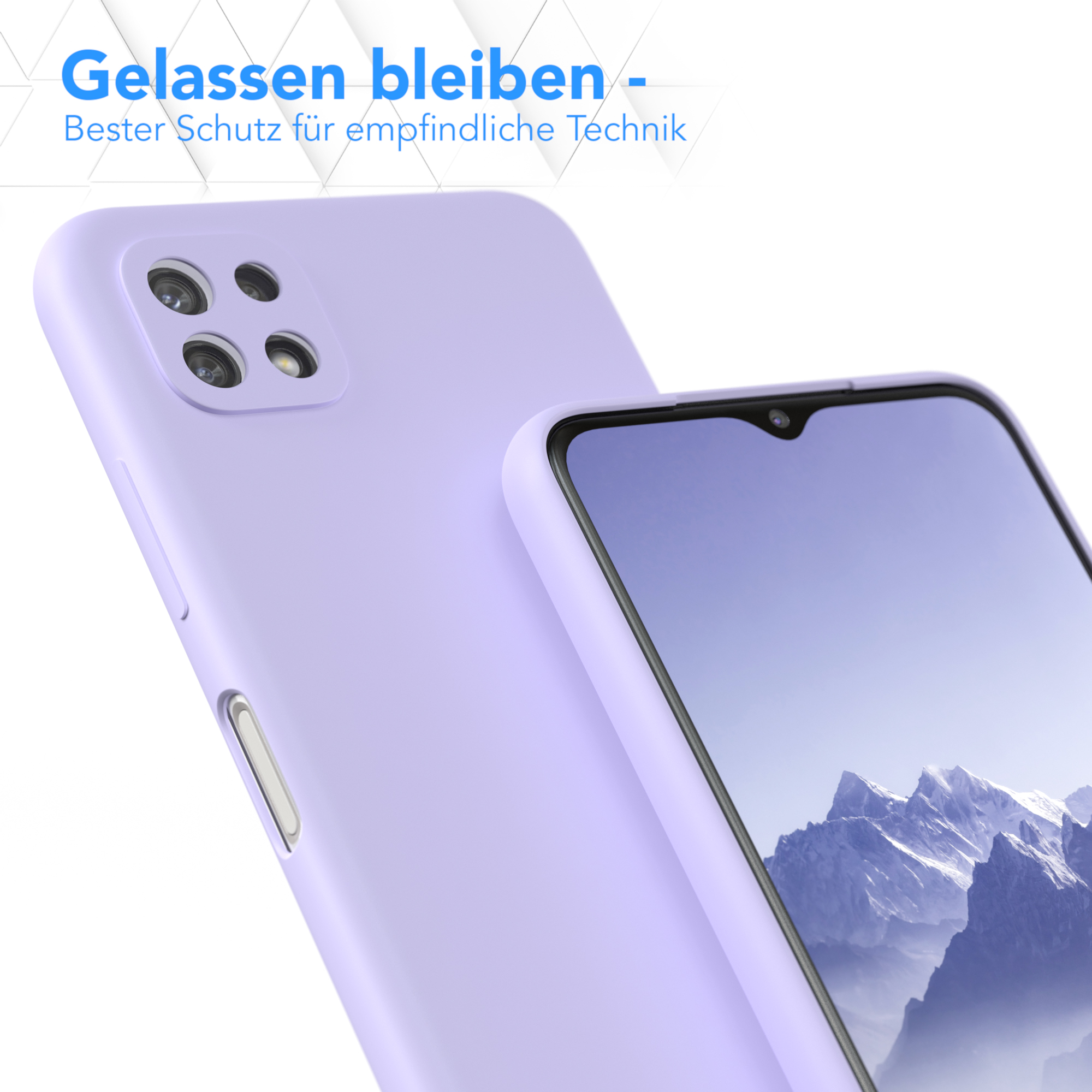 Eine lila Handyhülle und ein Telefon, der Bildschirm des Telefons ist sichtbar.