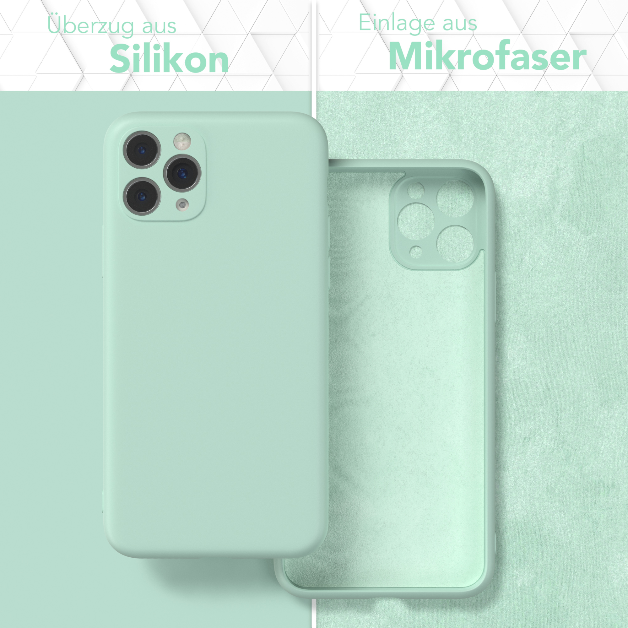 Minzgrüne Handyhülle und Innenausstattung. Text sagt 'Silikon' und 'Mikrofaser'.