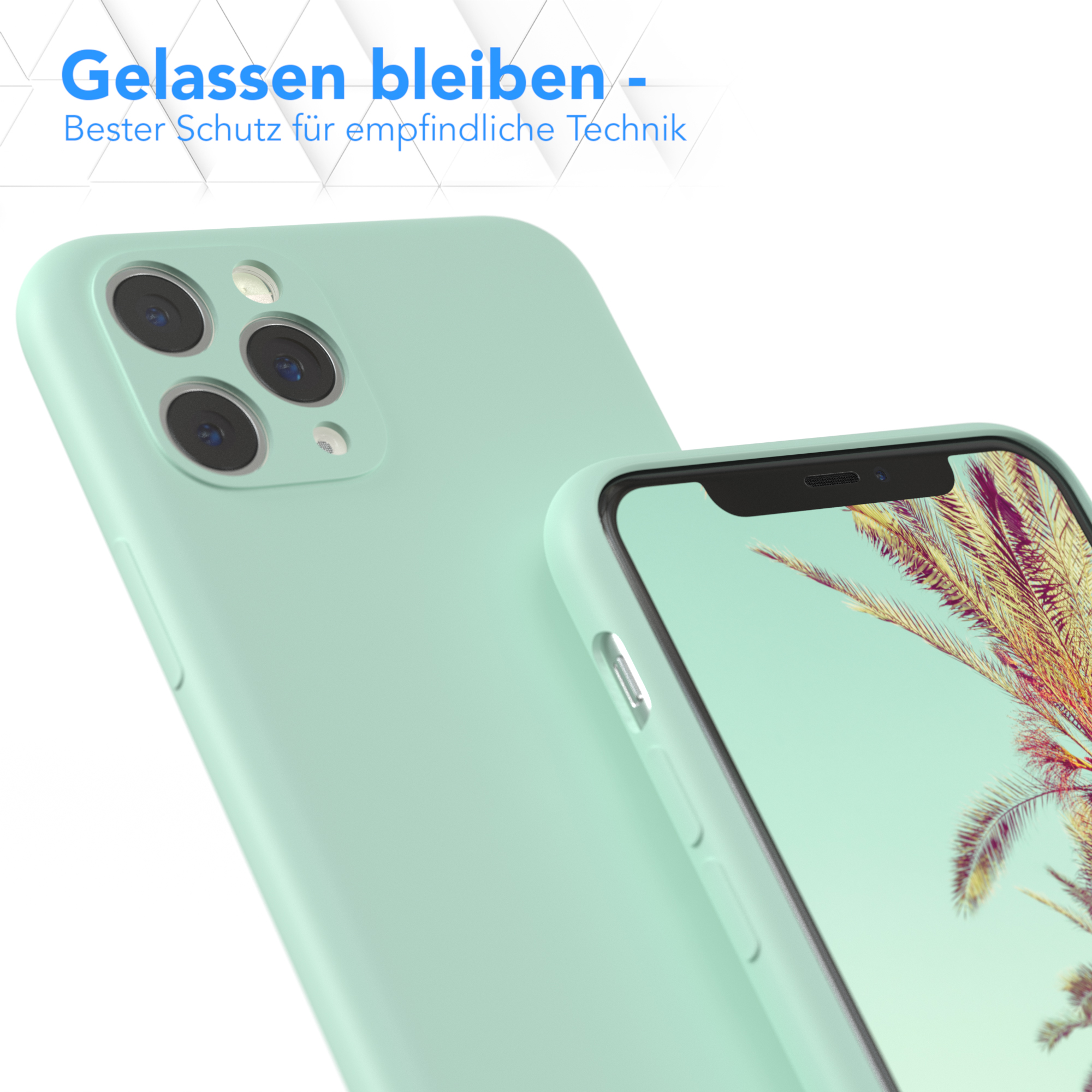 Eine Handyhülle befindet sich auf einem Telefon. Der Hintergrund hat ein Telefon, und der Text lautet „Bester Schutz“.