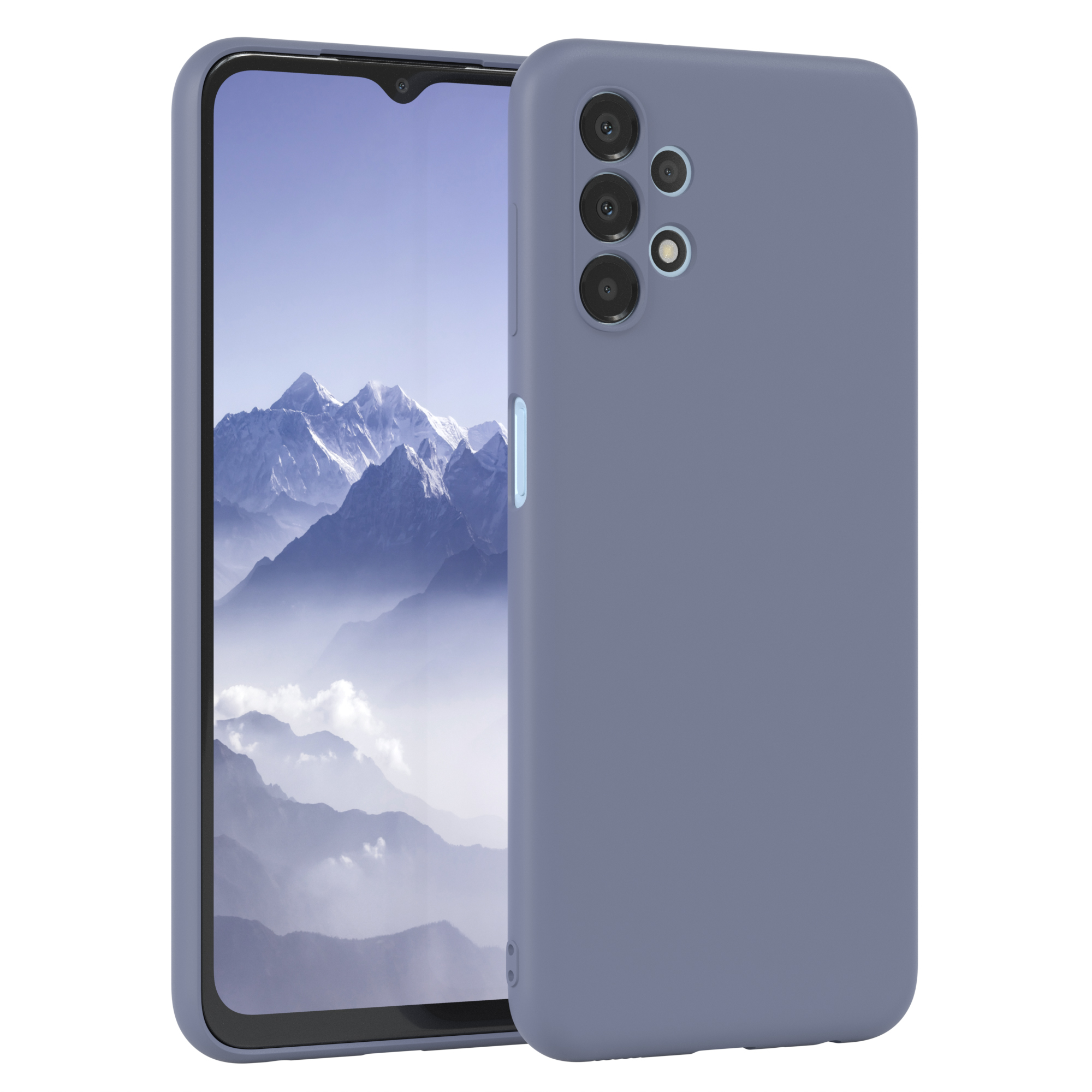 Lila Handyhülle, Telefon zeigt hellblauen Bildschirm.