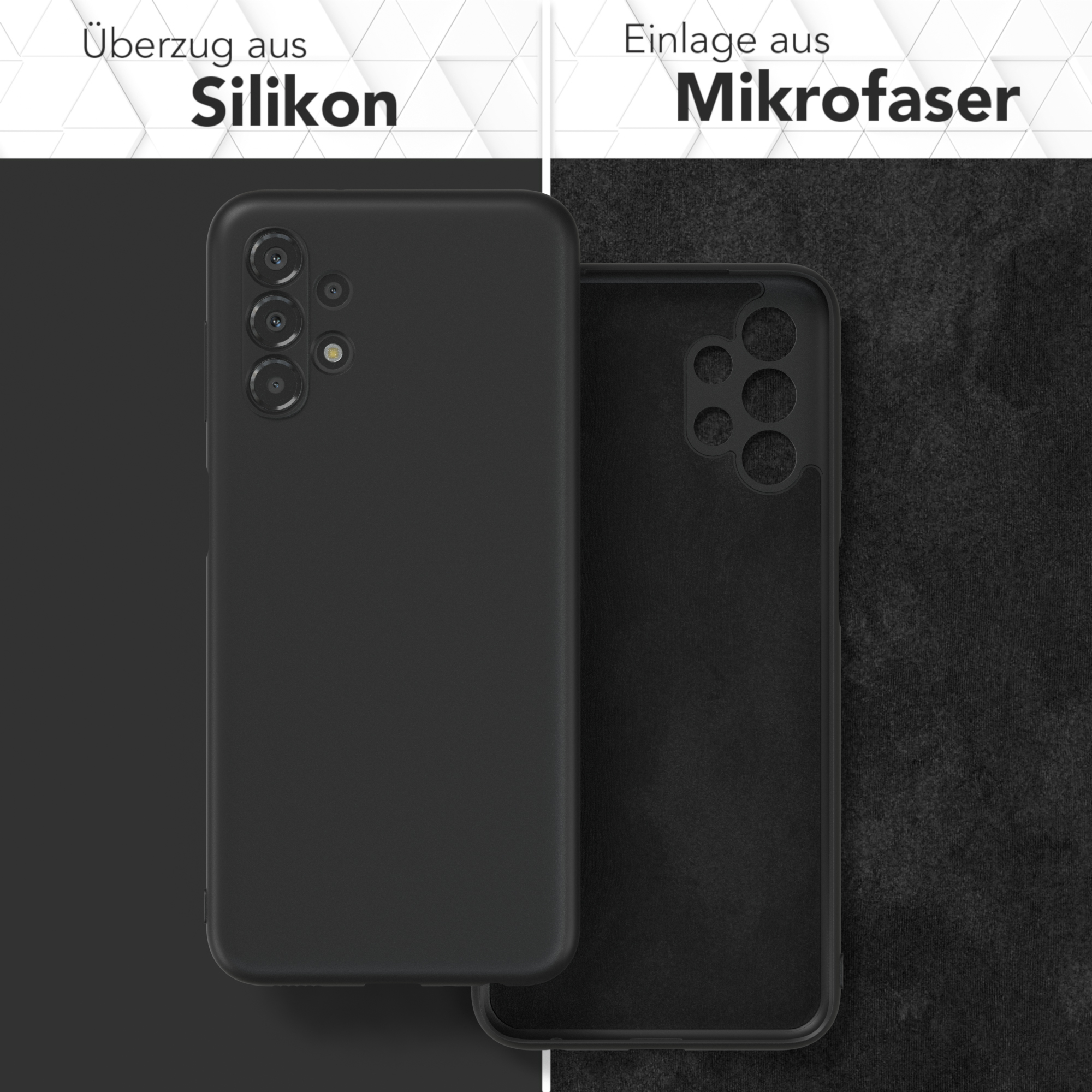 Zwei Handyhüllen, eine schwarze und eine beige. Sie sind geöffnet und zeigen die innere Textur.