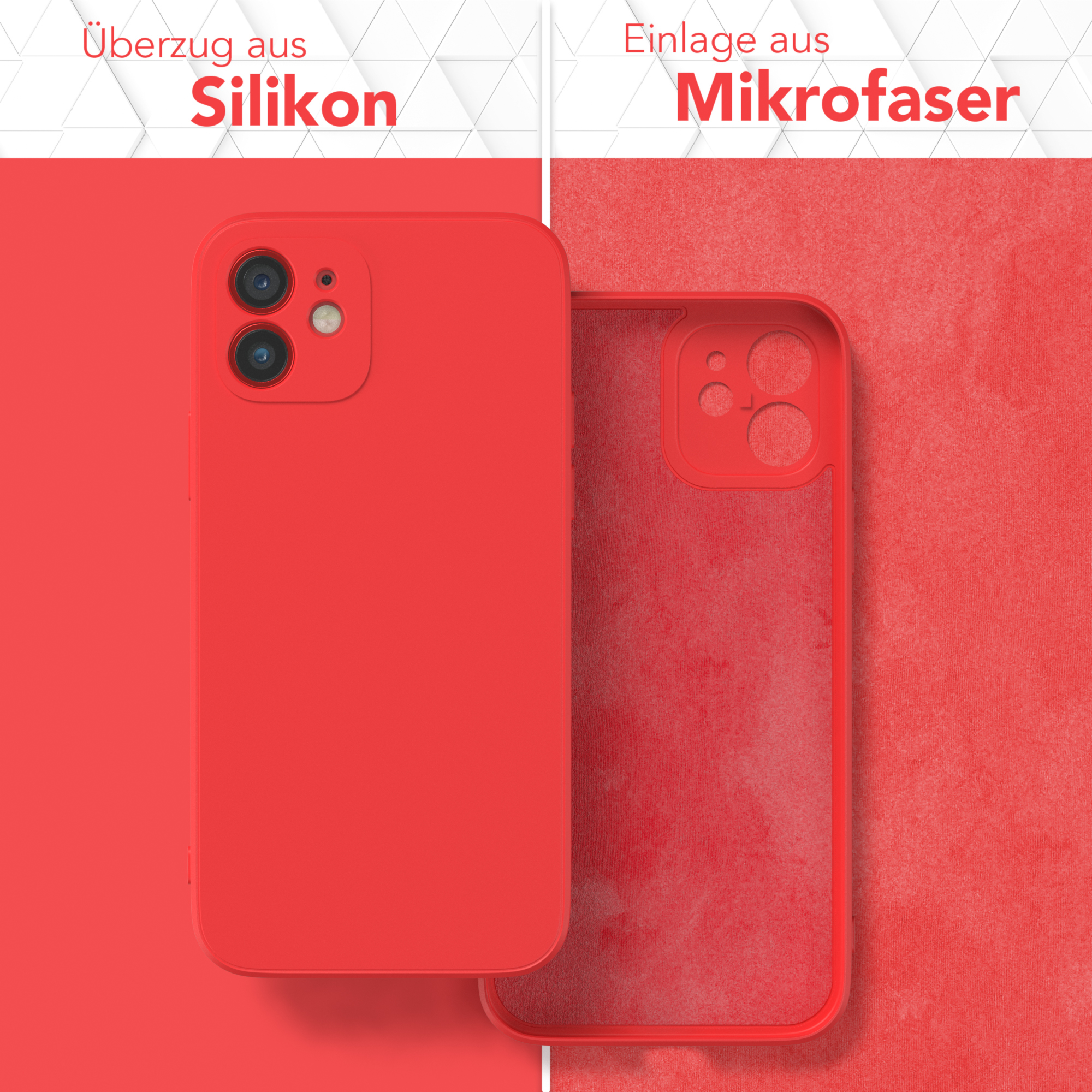 Rote Handyhüllen-Hälften: Silikonhülle und Mikrofaser-Innenseite.