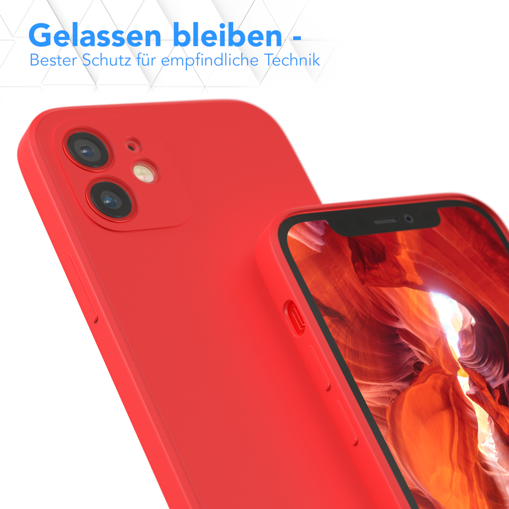 Eine rote Handyhülle mit einem Telefon darin. Der Text lautet: Gelassen bleiben. Der Hintergrund ist eine rote Handyhülle.