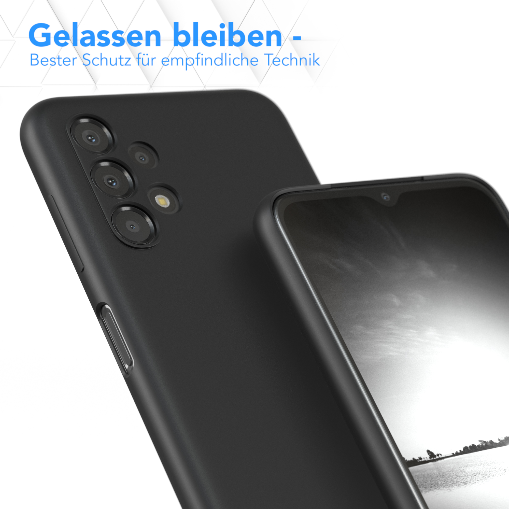 Eine schwarze Handyhülle mit einem Telefon darin. Text weist auf Schutz empfindlicher Elektronik hin. Der Hintergrund ist unscharf.