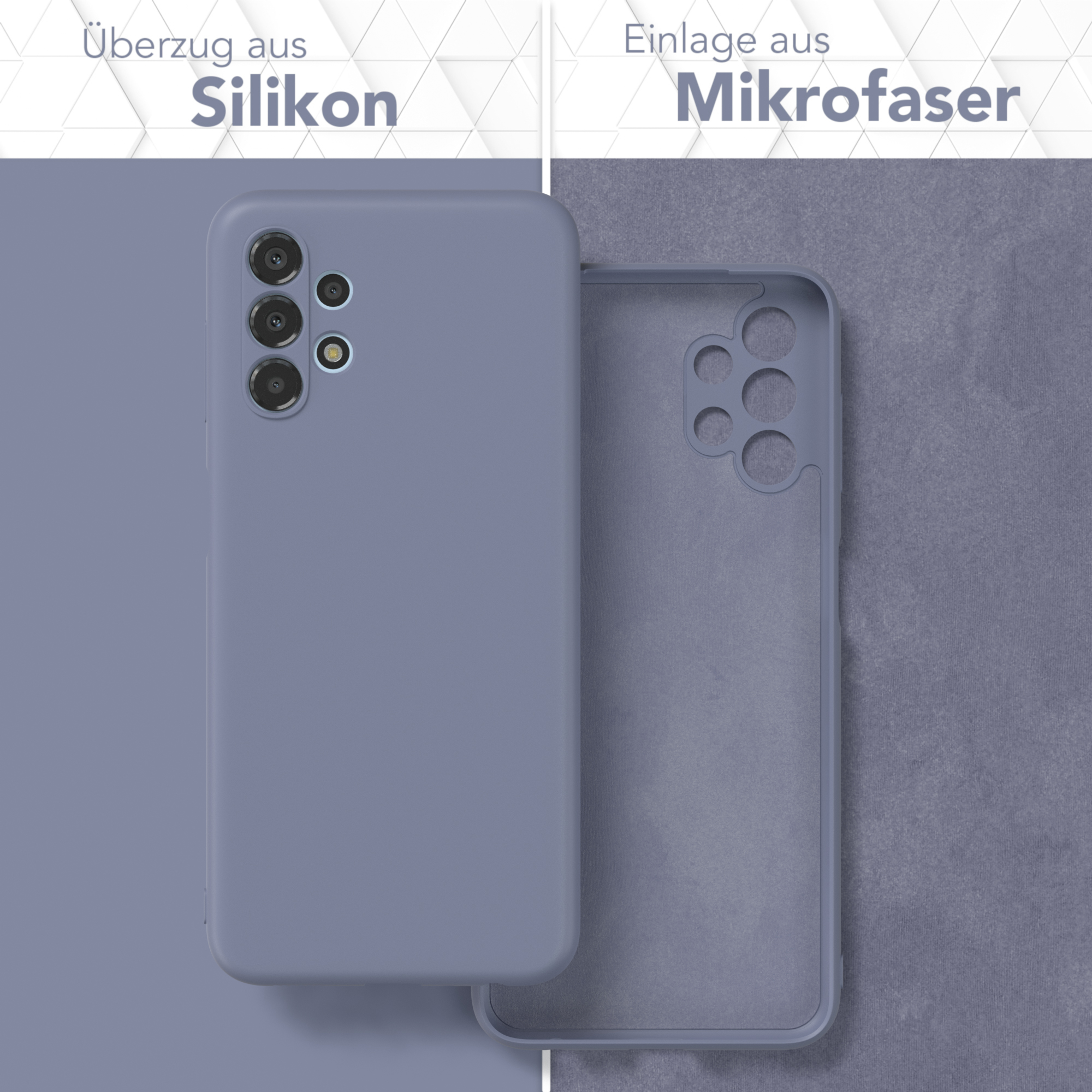 Zweiteiliges Bild eines Telefons mit lila Gehäuse. Silikon außen, Mikrofaser innen.