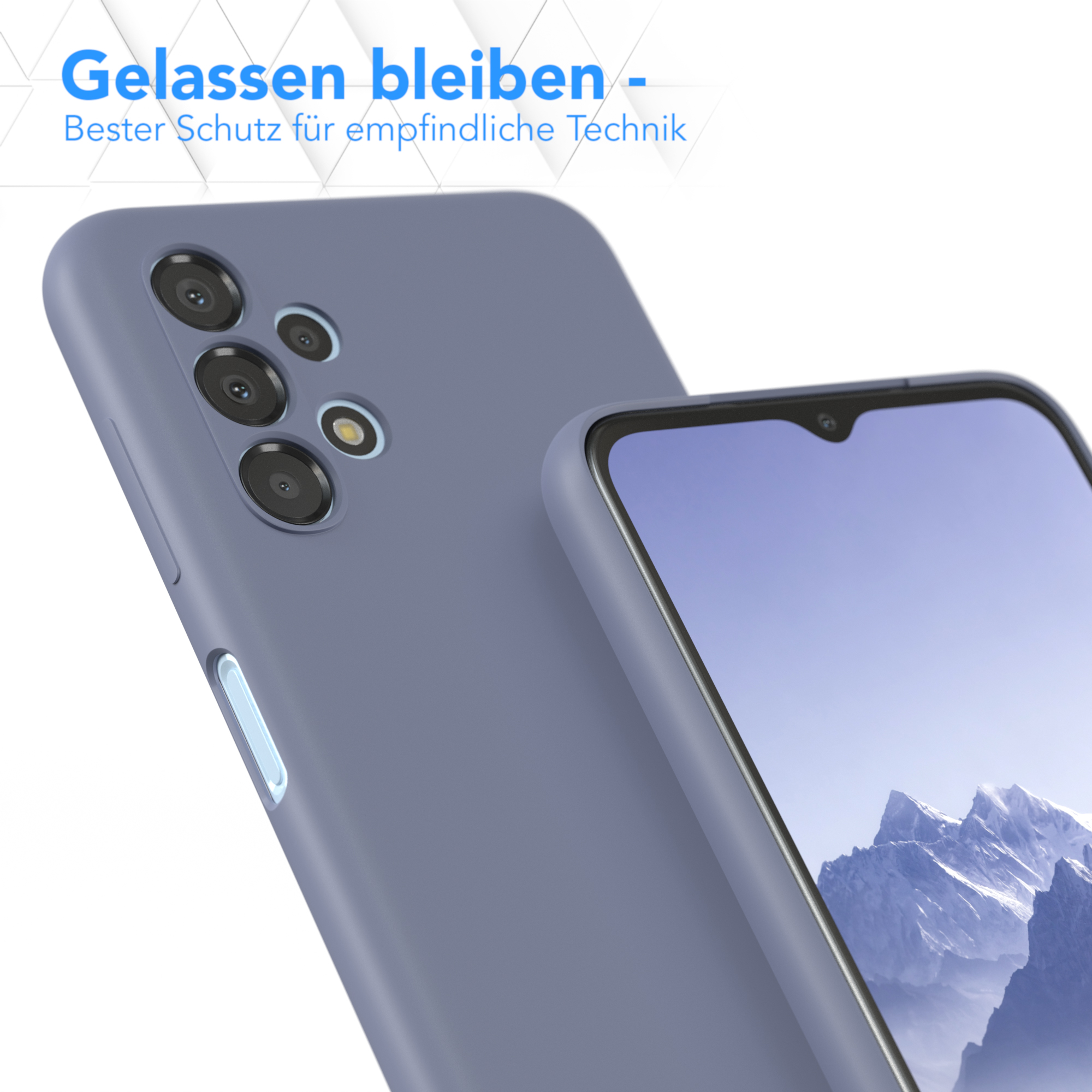 Zwei blaue Handyhüllen mit einem Telefon darin. Text: Bester Schutz für empfindliche Technik.