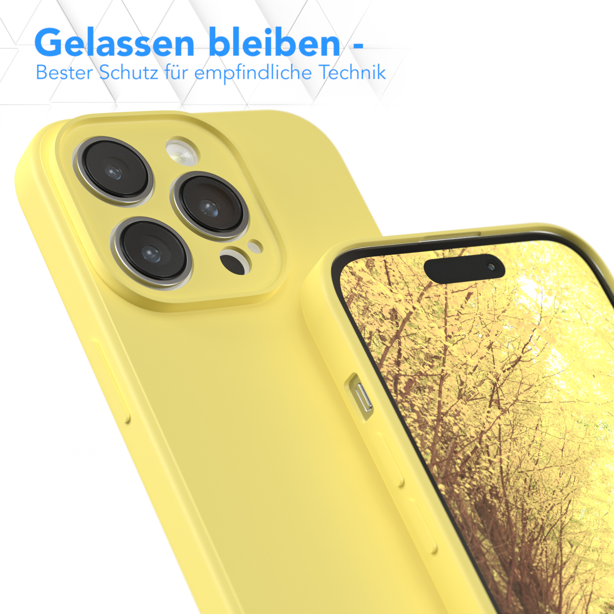 Gelbe Handyhülle und Telefon. Text: Bleiben Sie gelassen - Bester Schutz für empfindliche Technik.