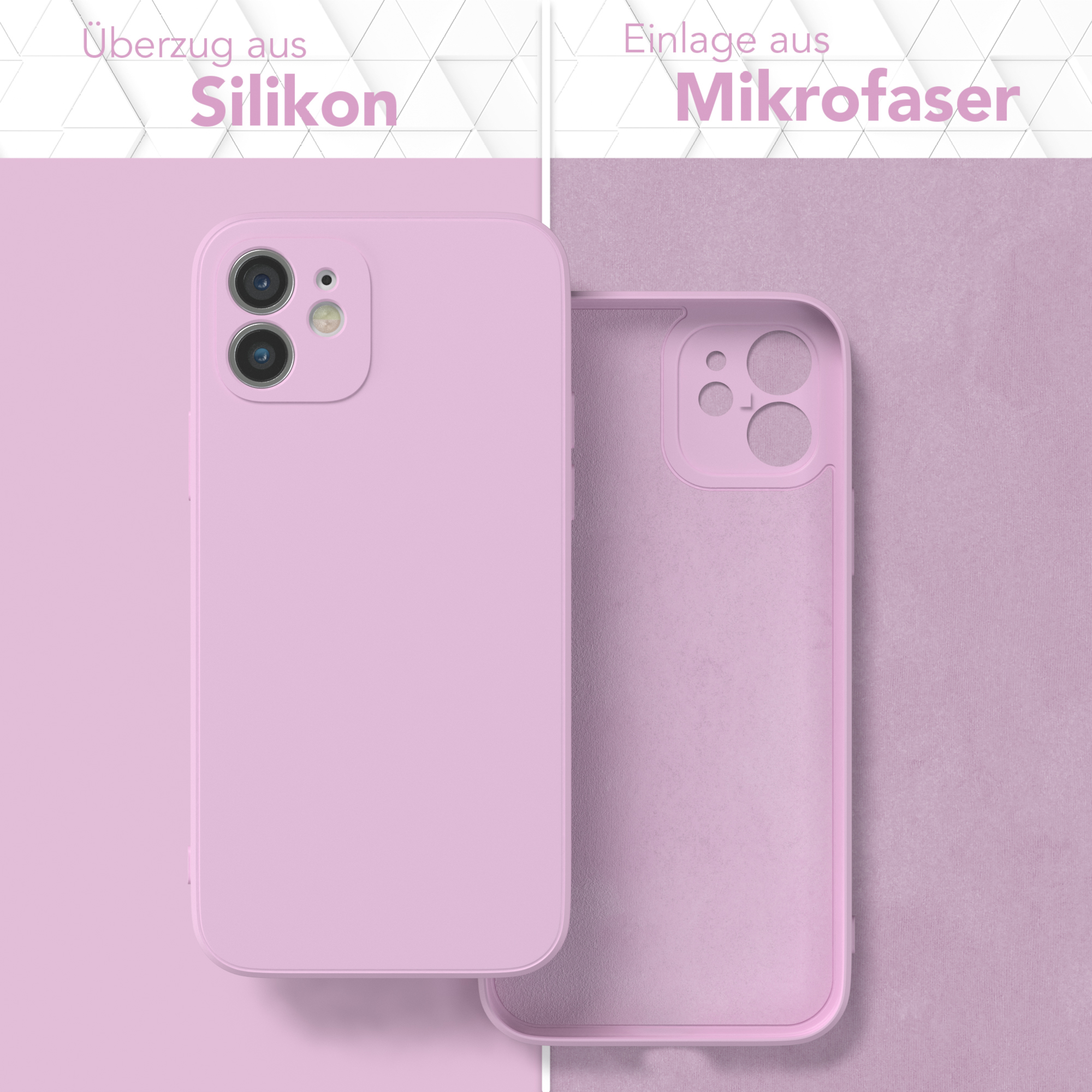 Zwei Handyhüllen, eine auf dem Telefon, die andere leer, beide in Rosa.