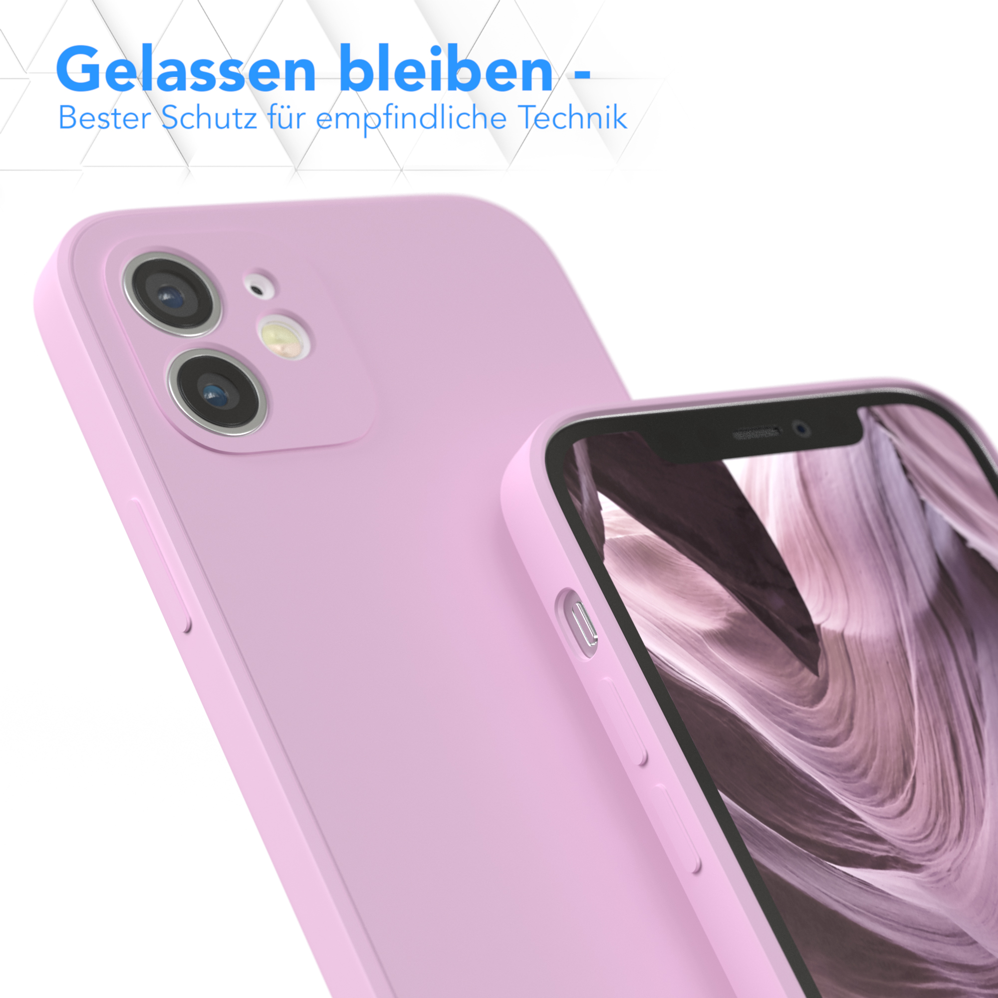 Nahaufnahme einer lila Handyhülle. Rosa Hülle und Text im Hintergrund.