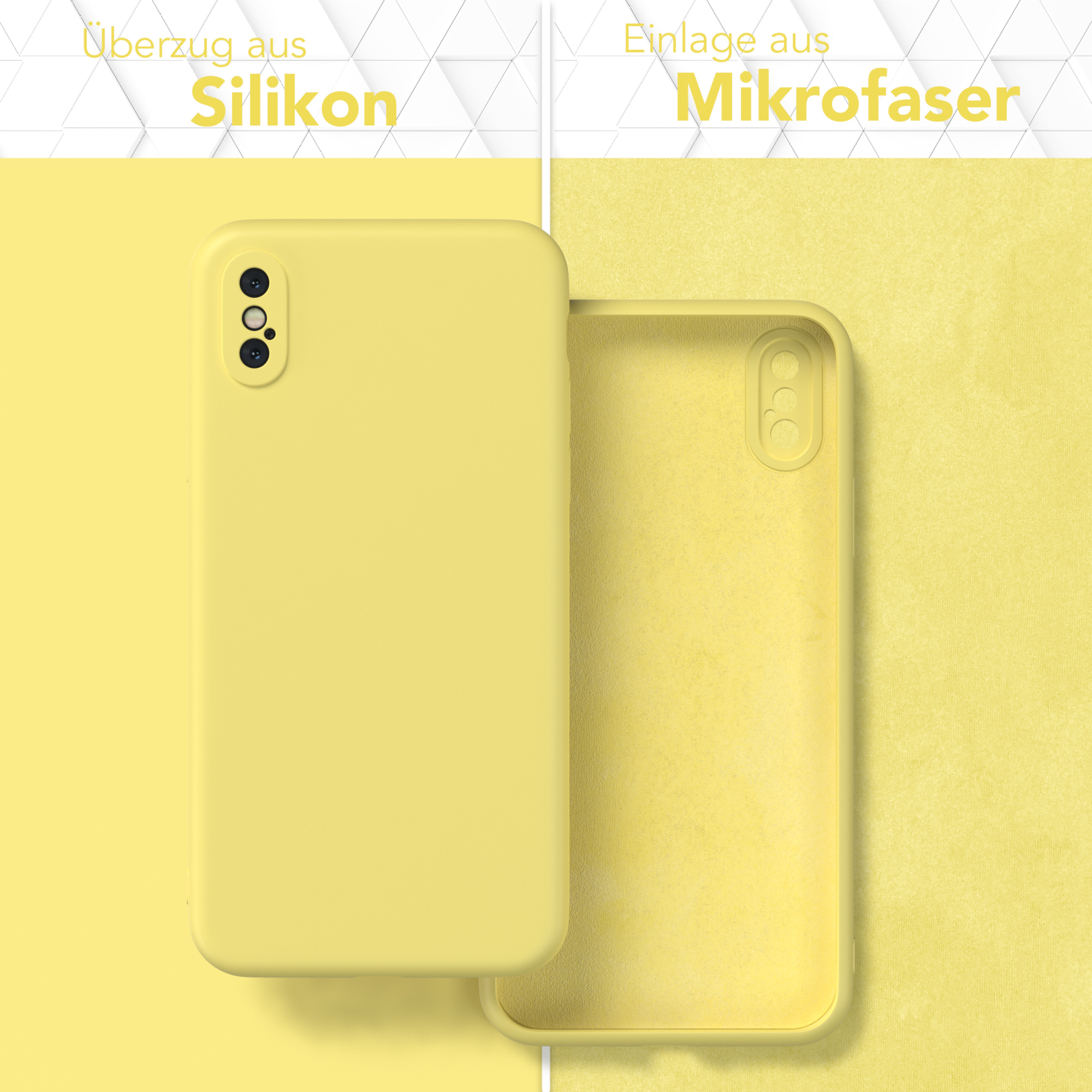 Gelbe Handyhülle mit Silikonhülle und Mikrofaser-Innenfutter. Text zeigt Materialart.