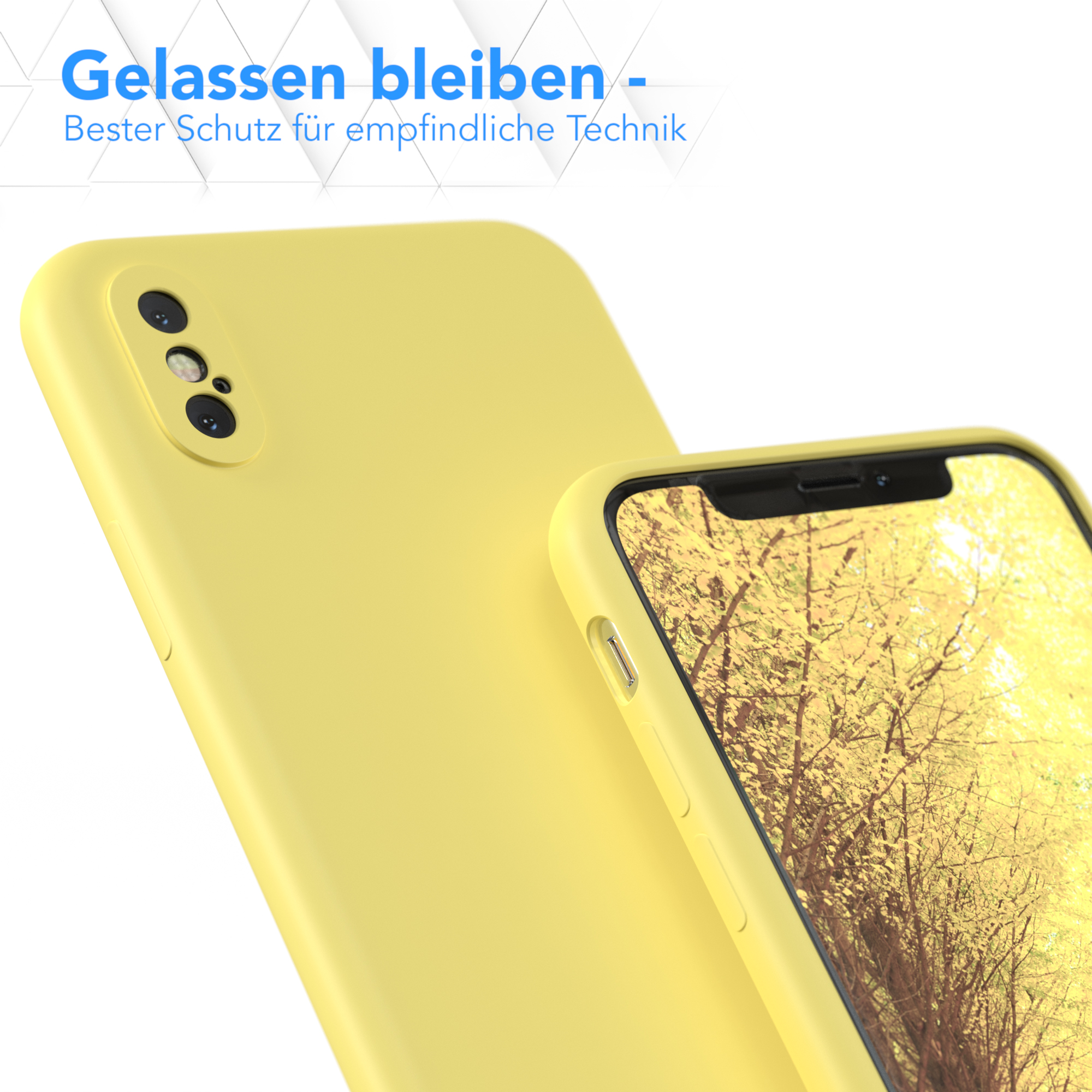 Eine gelbe Handyhülle mit einem Telefon darin, das ein Landschaftsfoto zeigt. Der Hintergrund ist gelb.