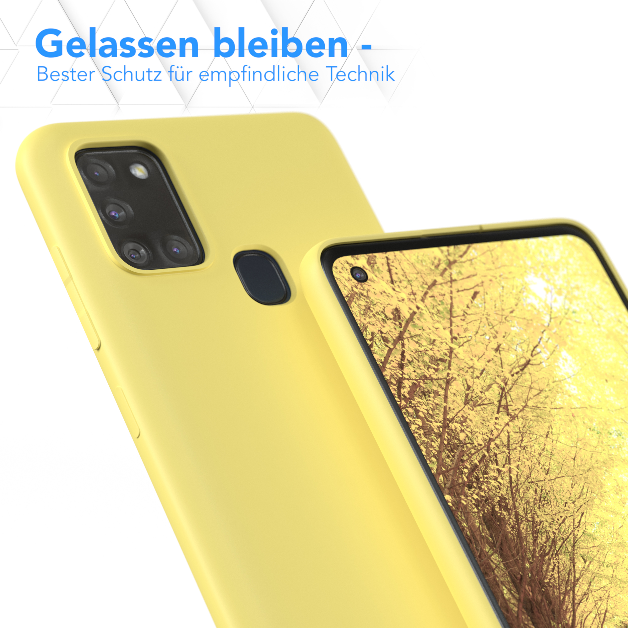 Eine gelbe Handyhülle neben einem Telefon mit gelbem Hintergrund auf weißer Oberfläche.