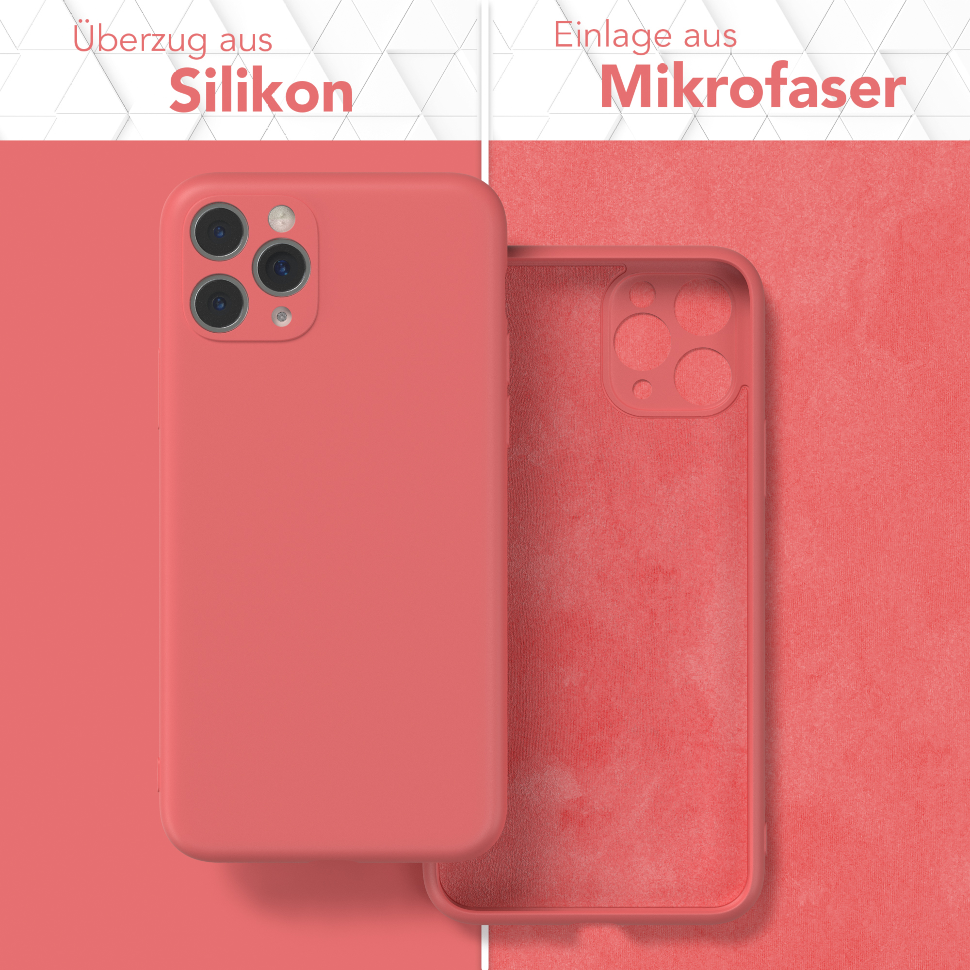 Eine korallenfarbene Handyhülle mit Silikon außen und Mikrofaser innen.