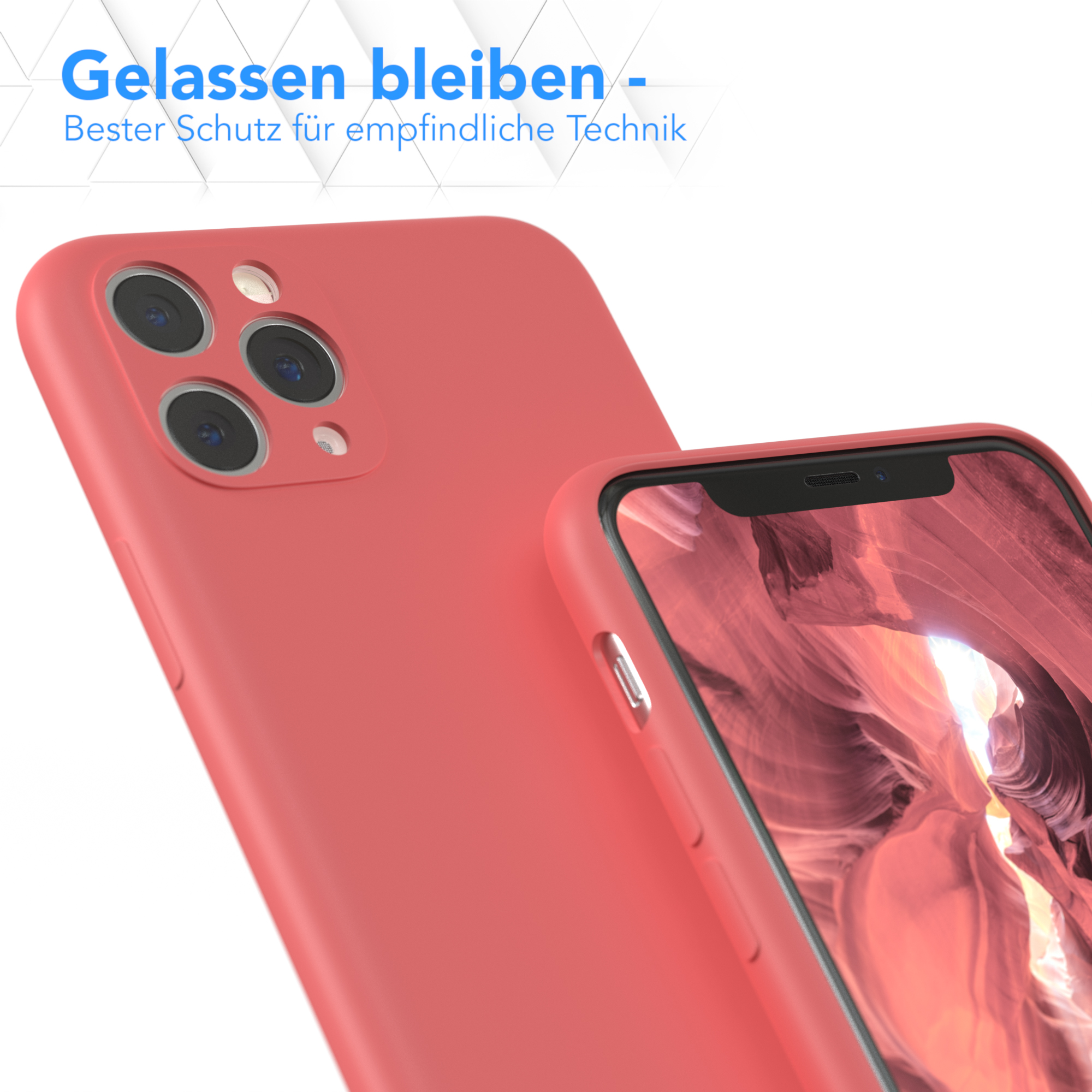 Zwei Telefone mit rosa Hülle, eines im Fokus. Text: Entspannt bleiben, bester Schutz für empfindliche Technik.