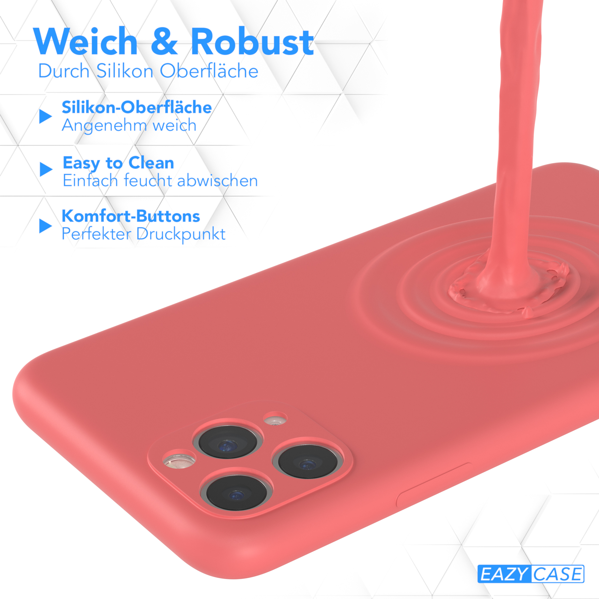Eine rote Handyhülle mit iPhone. Eine rosa Flüssigkeit gießt über die Hülle und zeigt ihre weiche Oberfläche.