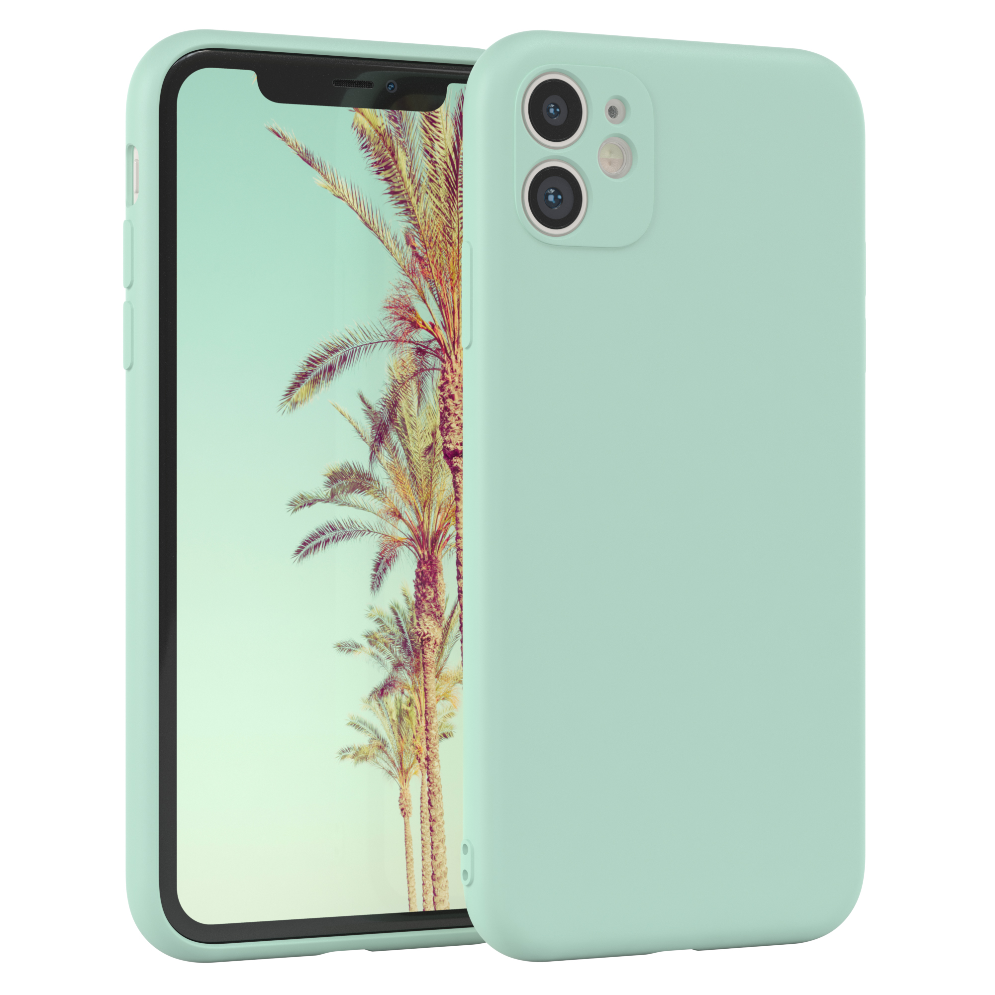 Minzgrüne Handyhülle mit Strand-Szene mit Palmen auf dem Telefon.
