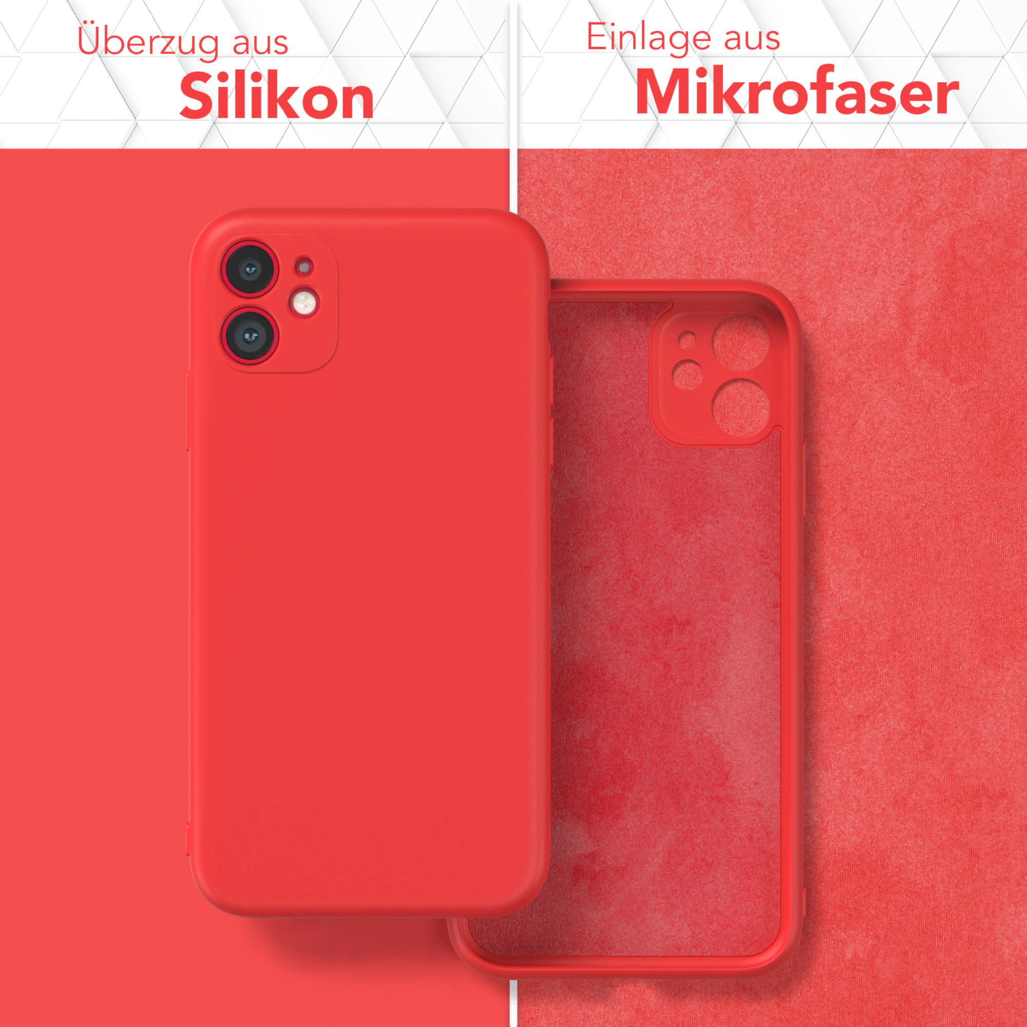 Rote Handyhülle und rotes Innenfutter. Weißer Hintergrund.