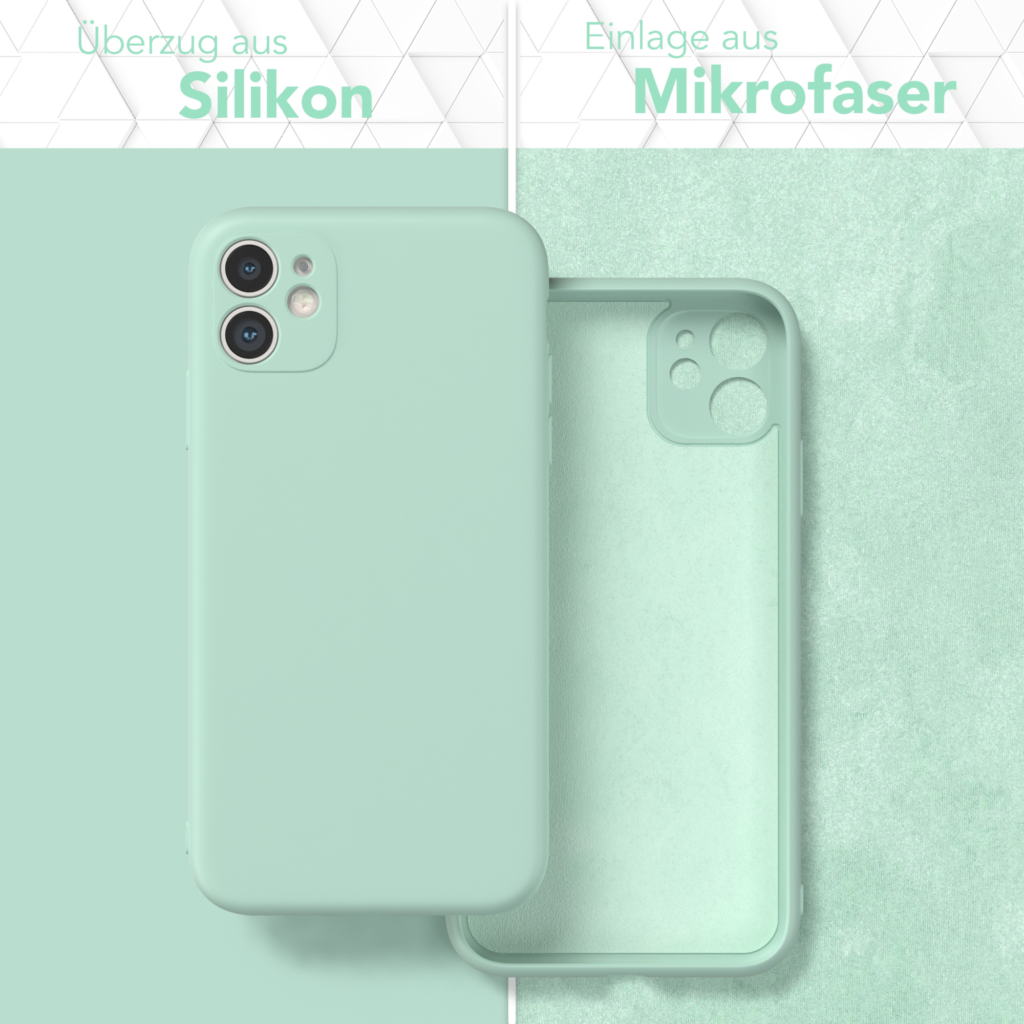 Eine Handyhülle mit einem Telefon links und die Innenseite der Handyhülle rechts.