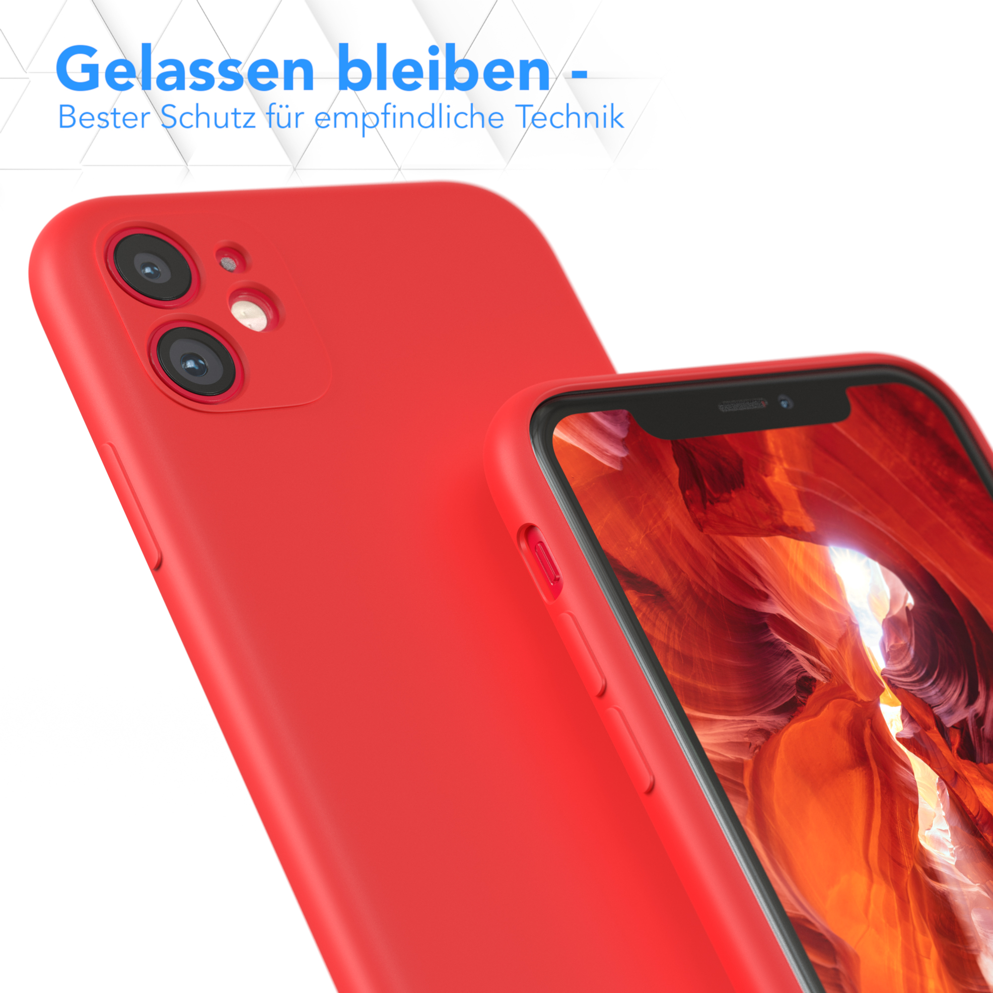Zwei rote Handyhüllen, eine auf der Rückseite eines Telefons, die andere davor.