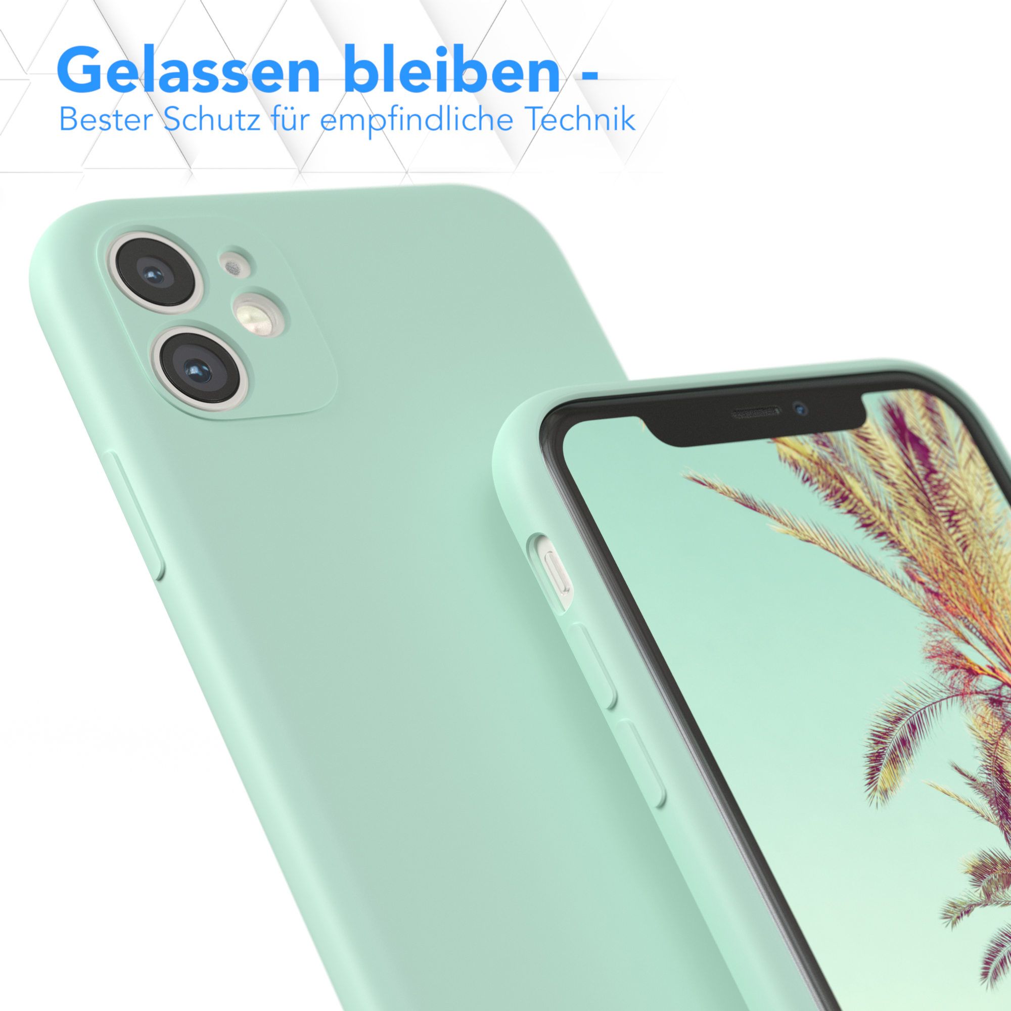 Zwei Handyhüllen, eine mintfarbene, eine über dem Telefon. Text sagt 'Gelassen bleiben'.