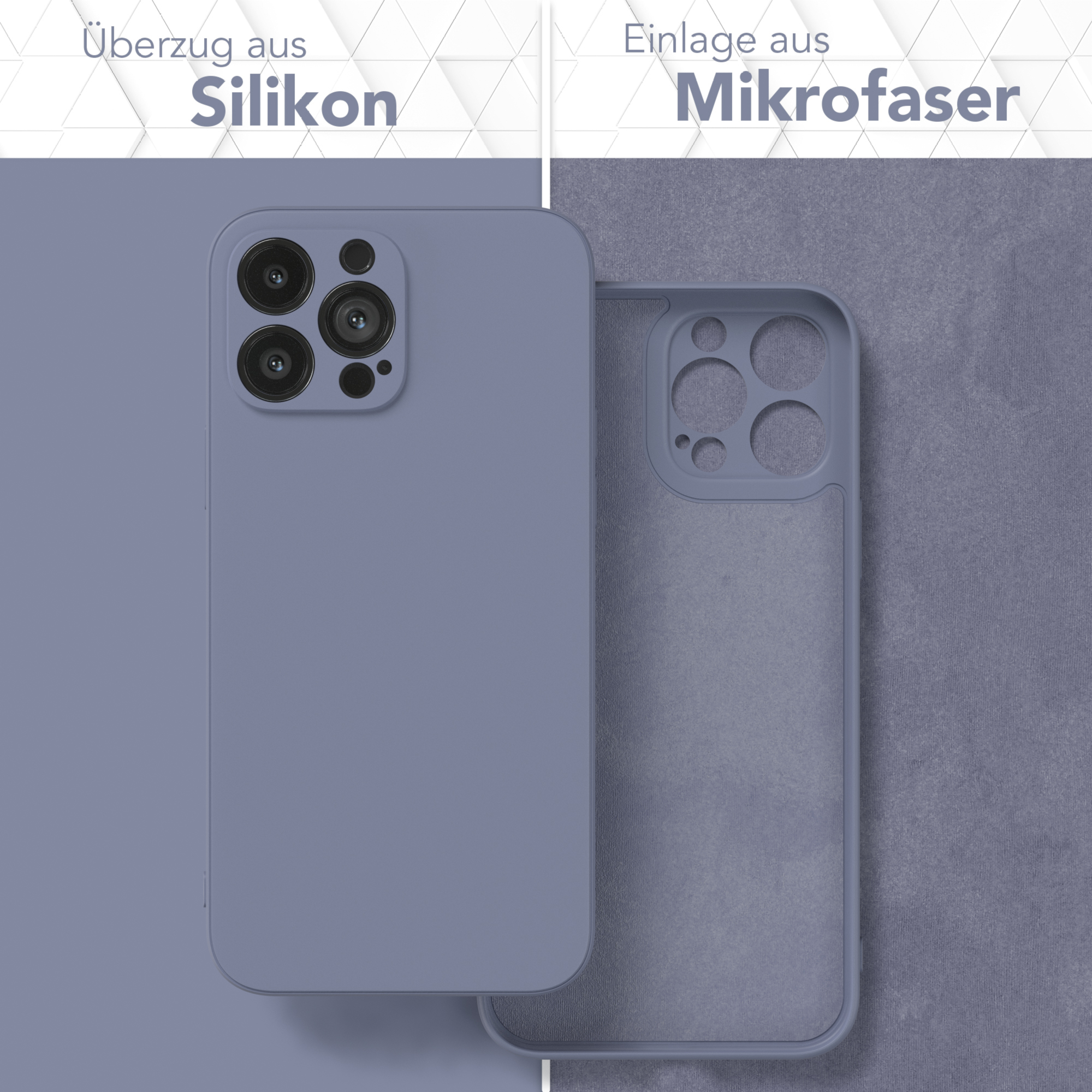 Handyhüllen-Set: Silikonhülle links, Mikrofaserfutter rechts, beide in Lila.