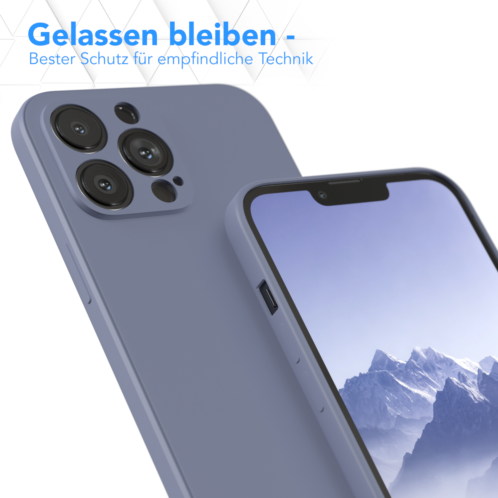Handyhülle mit Kameraschutz. Blaue Handyhülle, mit Telefon darin. Text oben.