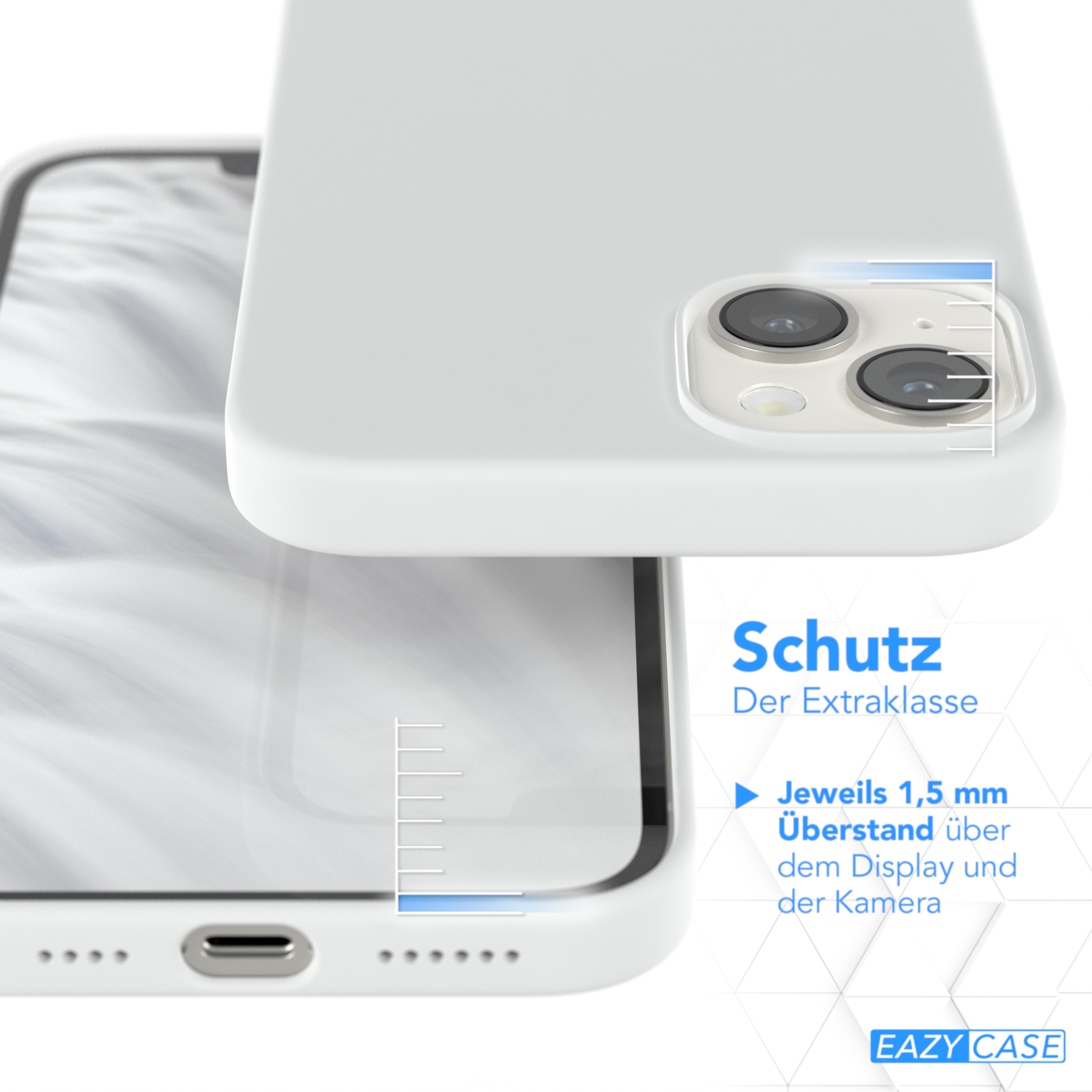 Eine weiße Handyhülle mit Telefon und einem Text, der den Schutzgrad der Hülle anzeigt.
