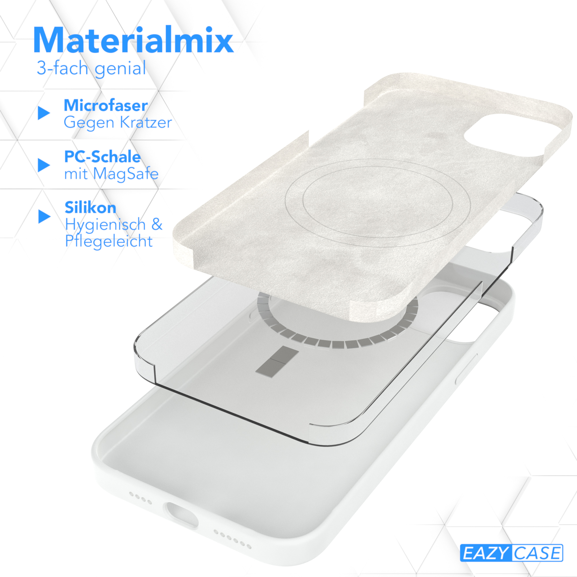 Explodierte Ansicht einer weißen Handyhülle mit MagSafe, die Schichten und Materialien zeigt.