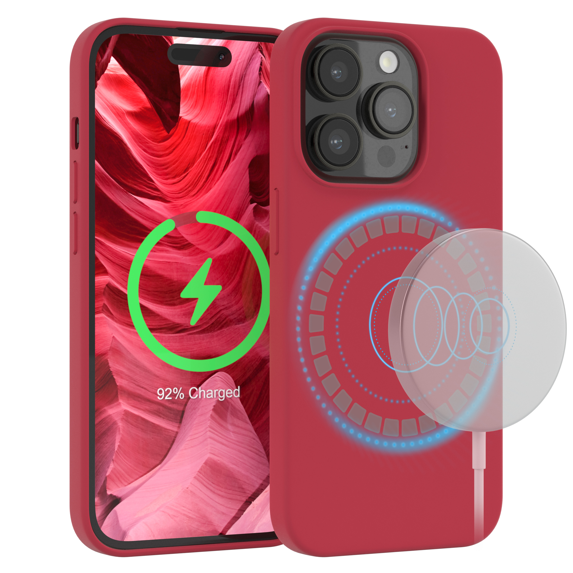 Rotes Telefon in roter Hülle mit Ladepad.