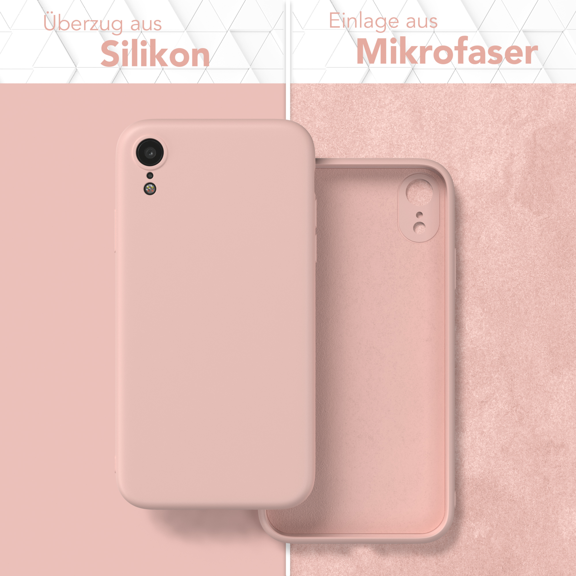 Rosa Handyhülle und Innenstruktur, zeigt Telefonkomponenten auf rosafarbenem Grund.